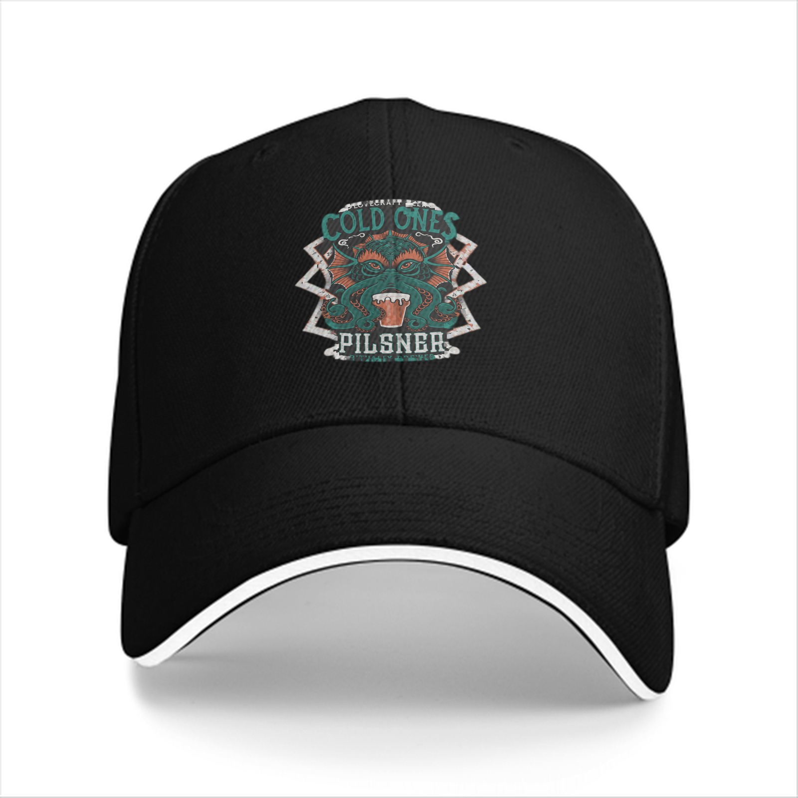 Black baseball cap with Cold Ones Pilsner Cthulhu graphic