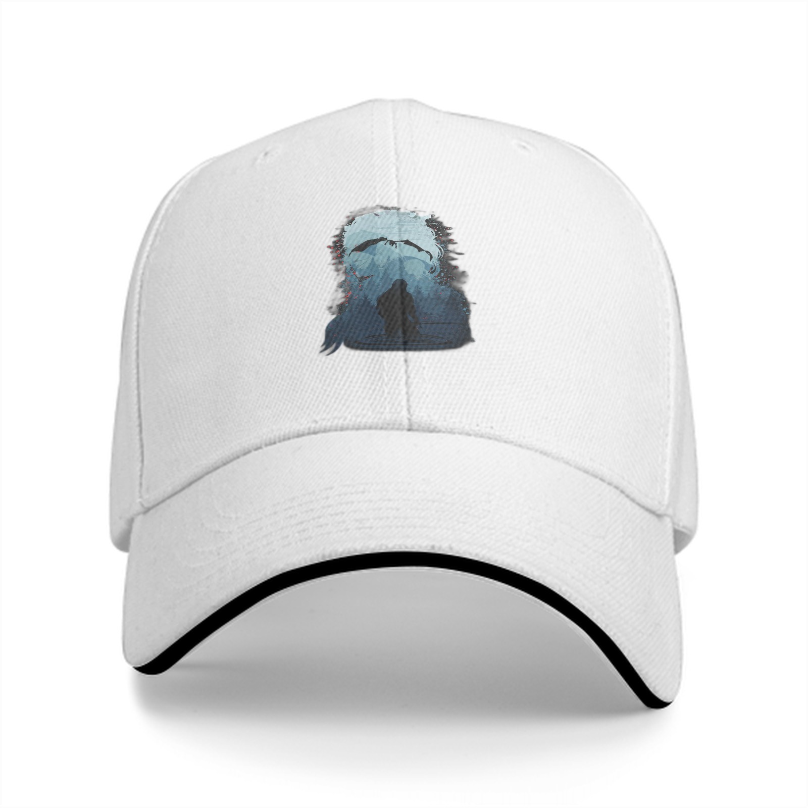 Black Baseball Cap With Abstract Blue Figure Print