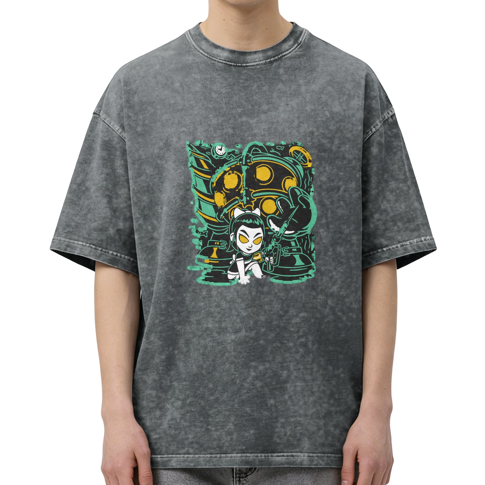 Washed Black Oversized T-Shirt With Cartoon Underwater Character Print