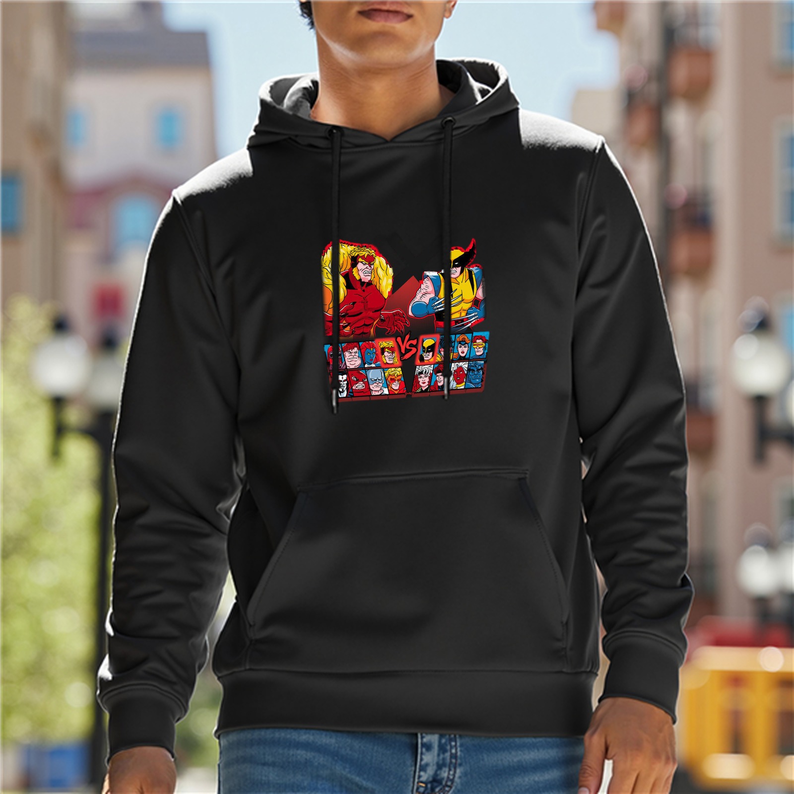 Black hoodie with superhero vs character graphic print