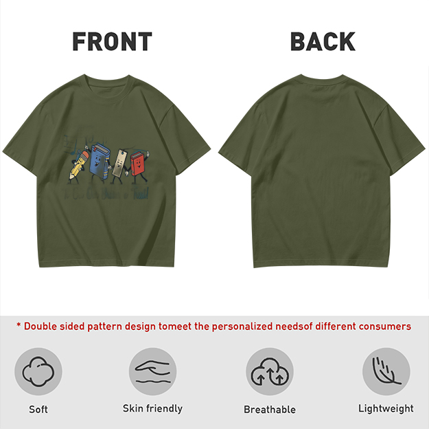 Olive Green T-Shirt with Cartoon School Supplies Graphic