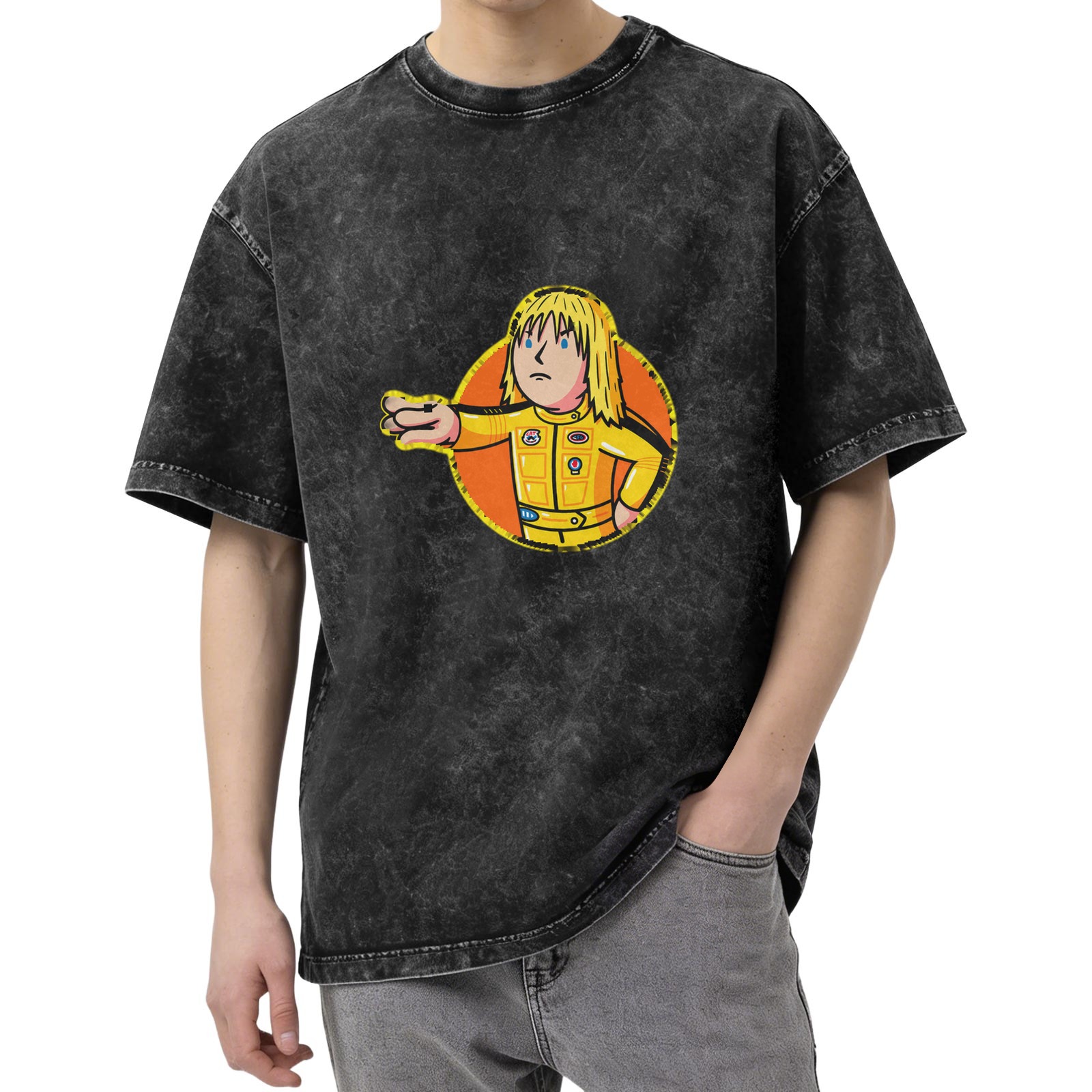 Oversized dark washed t-shirt with cartoon action figure graphic