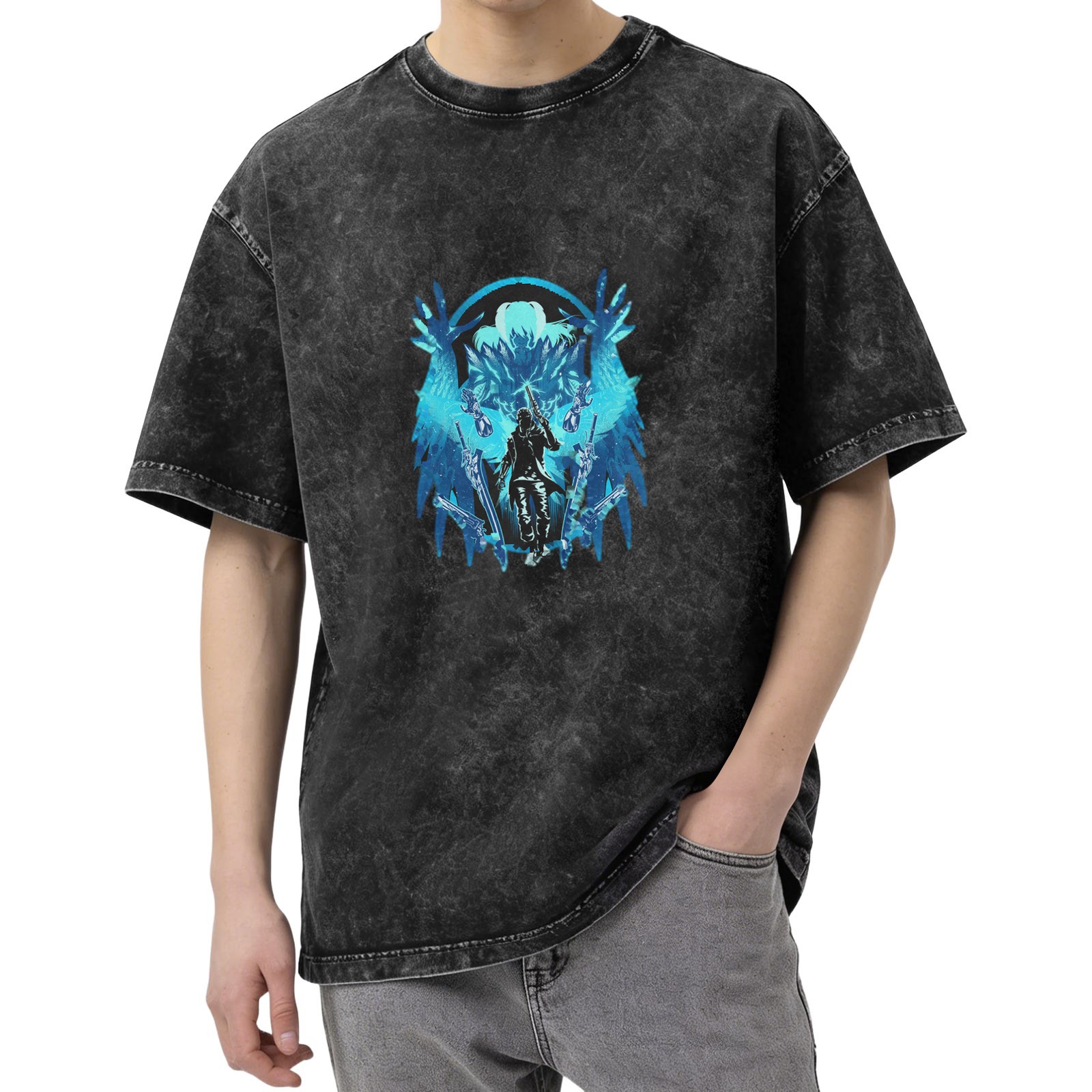 Washed Black Graphic T-Shirt With Blue Fantasy Winged Warrior Design