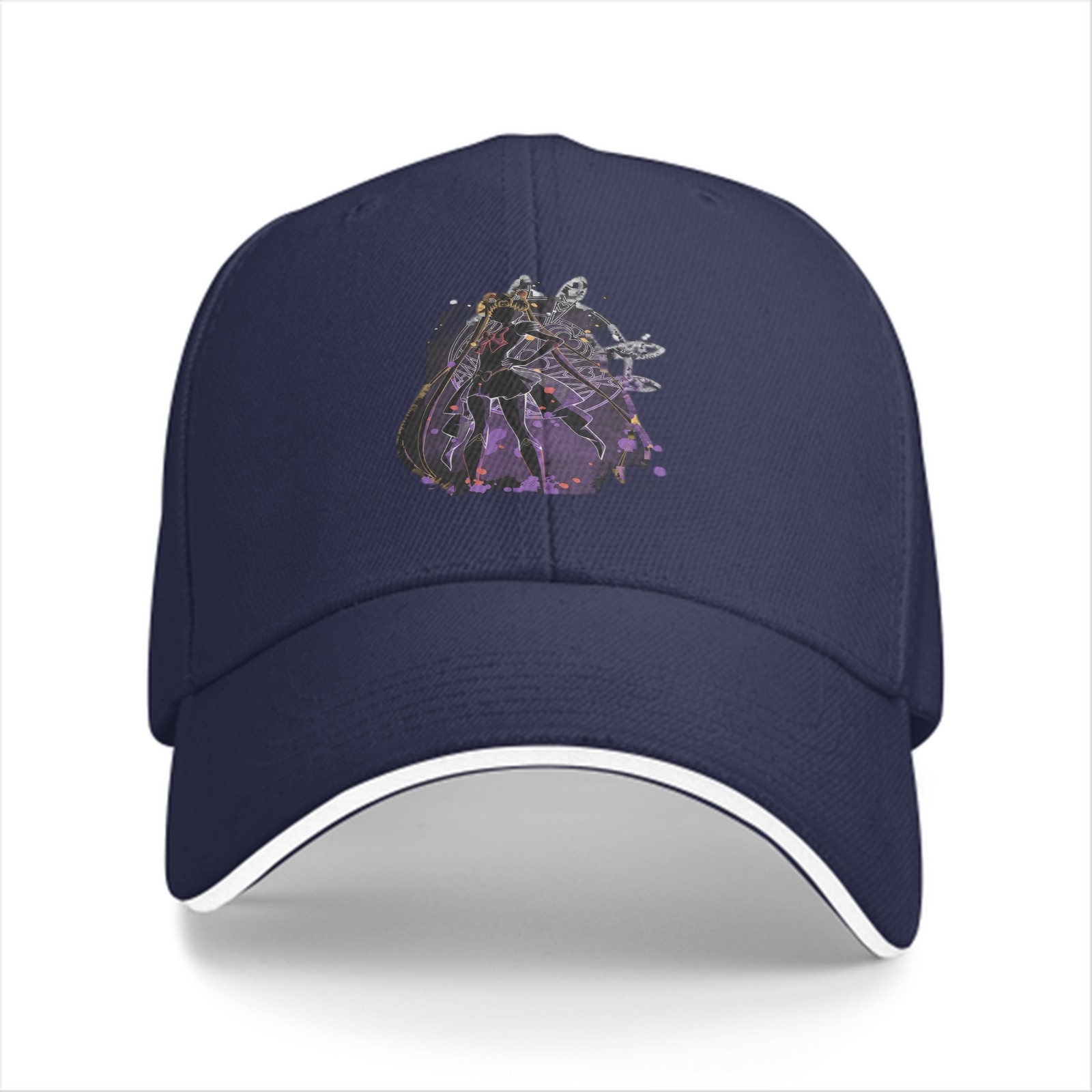 Black Baseball Cap With Purple Abstract Character Art Print
