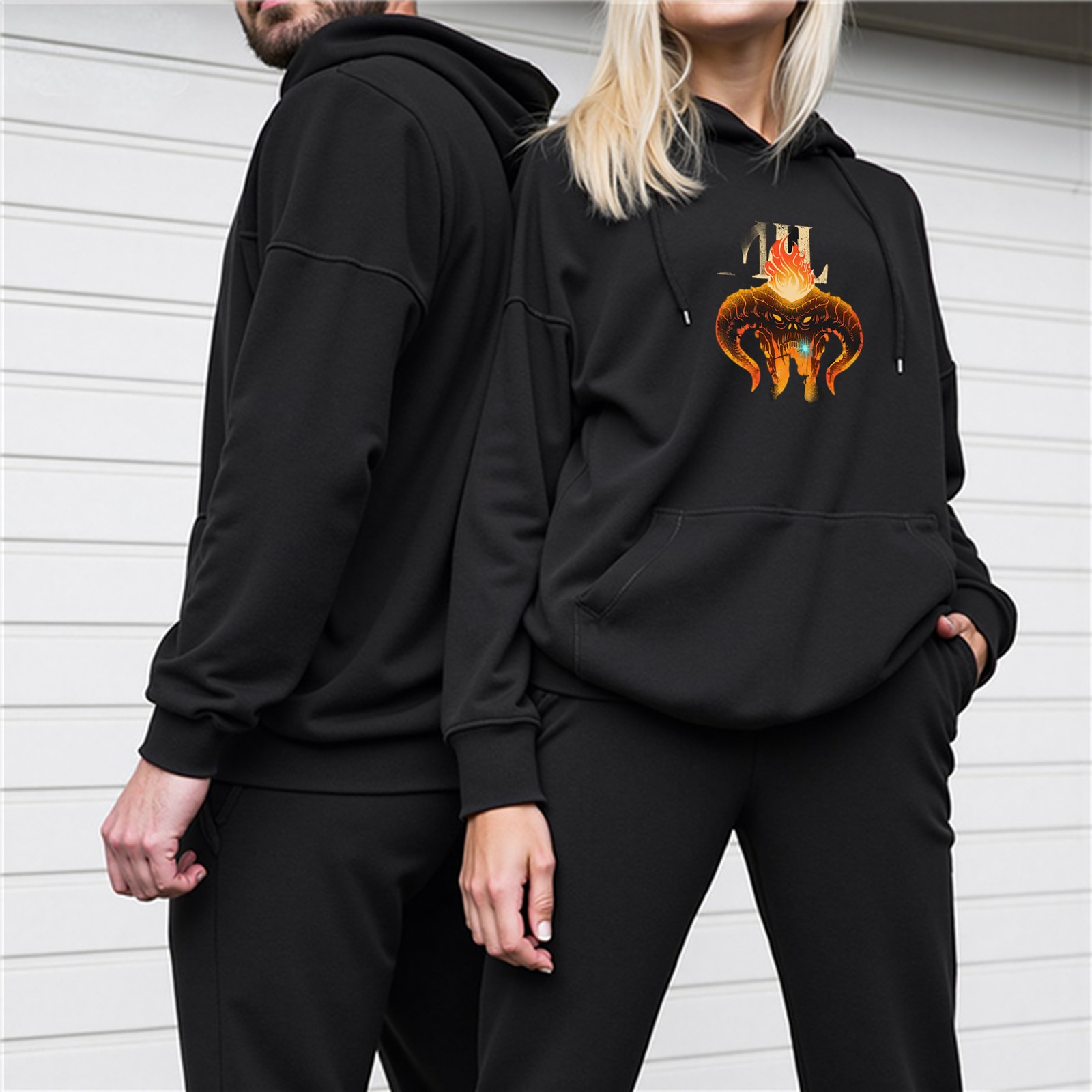 Black Hoodie With Fiery Demon Head Graphic Print