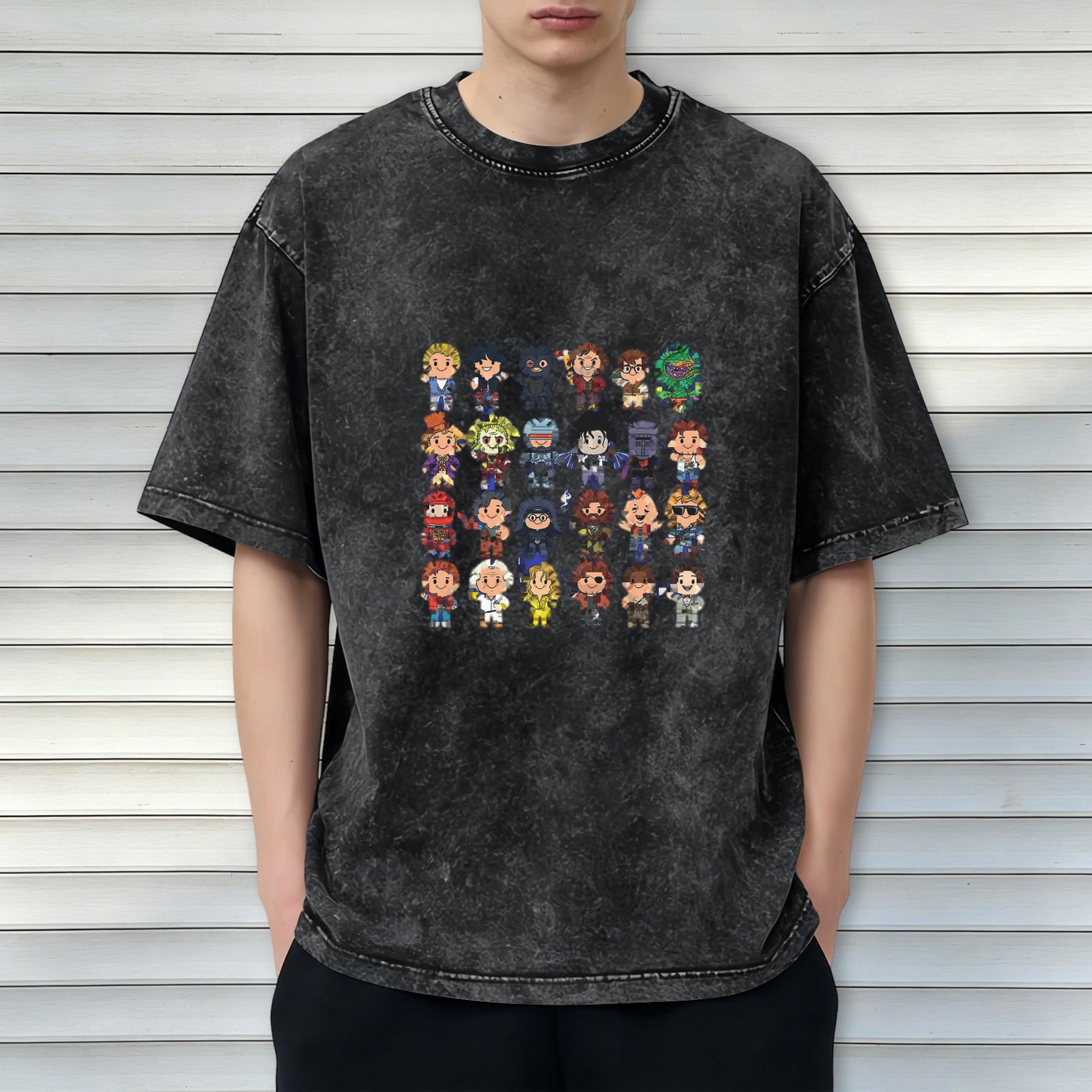 Retro washed black cartoon character printed loose short-sleeved T-shirt