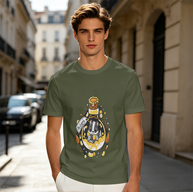 Olive T-Shirt With Cute Badger In Potion Bottle Graphic