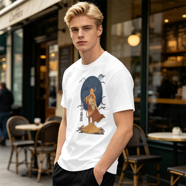 Olive T-shirt with Desert Wanderer Silhouette and Moon Graphic