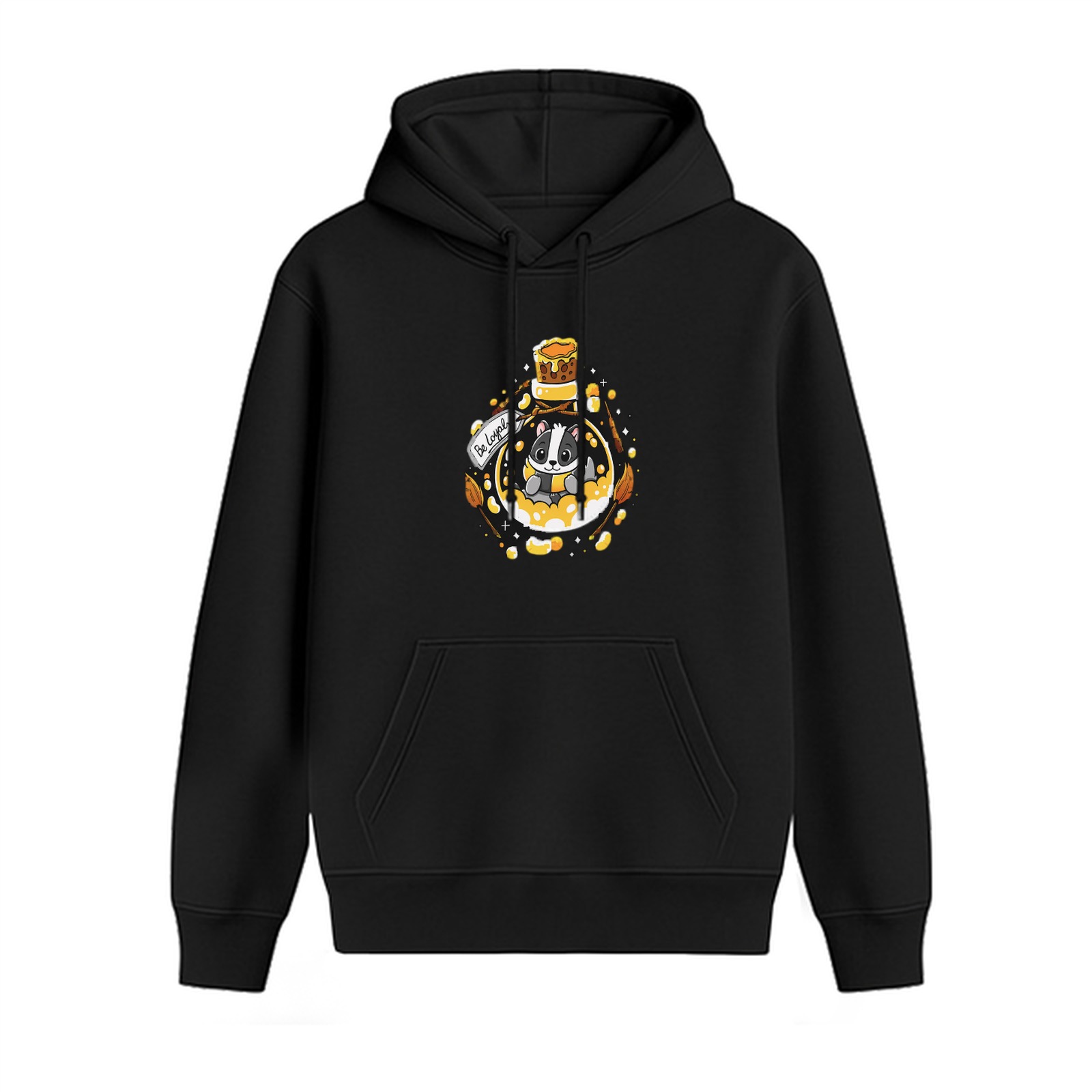 Black hoodie with cute badger in honey potion graphic