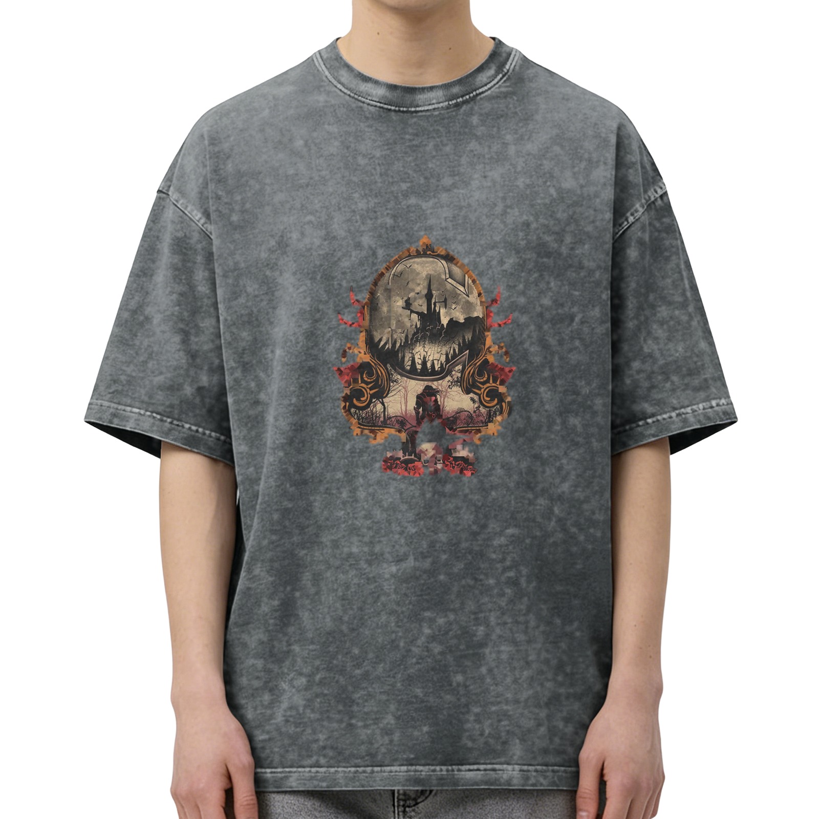 Oversized Vintage Washed Black T-Shirt with Gothic Castle & Skull Graphic Print