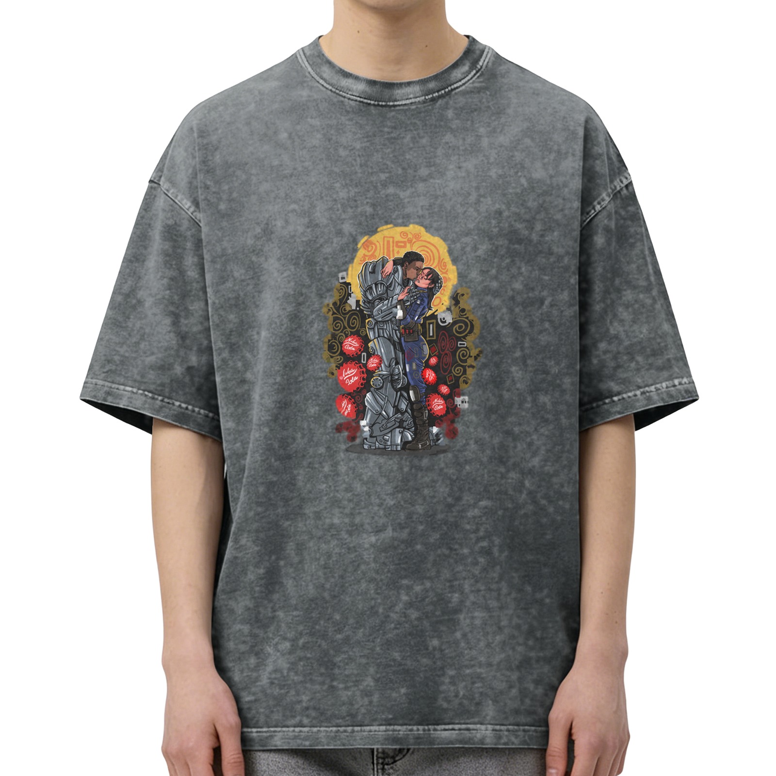 Washed Black Graphic T-Shirt with Sci-Fi Robot and Woman Kissing Design