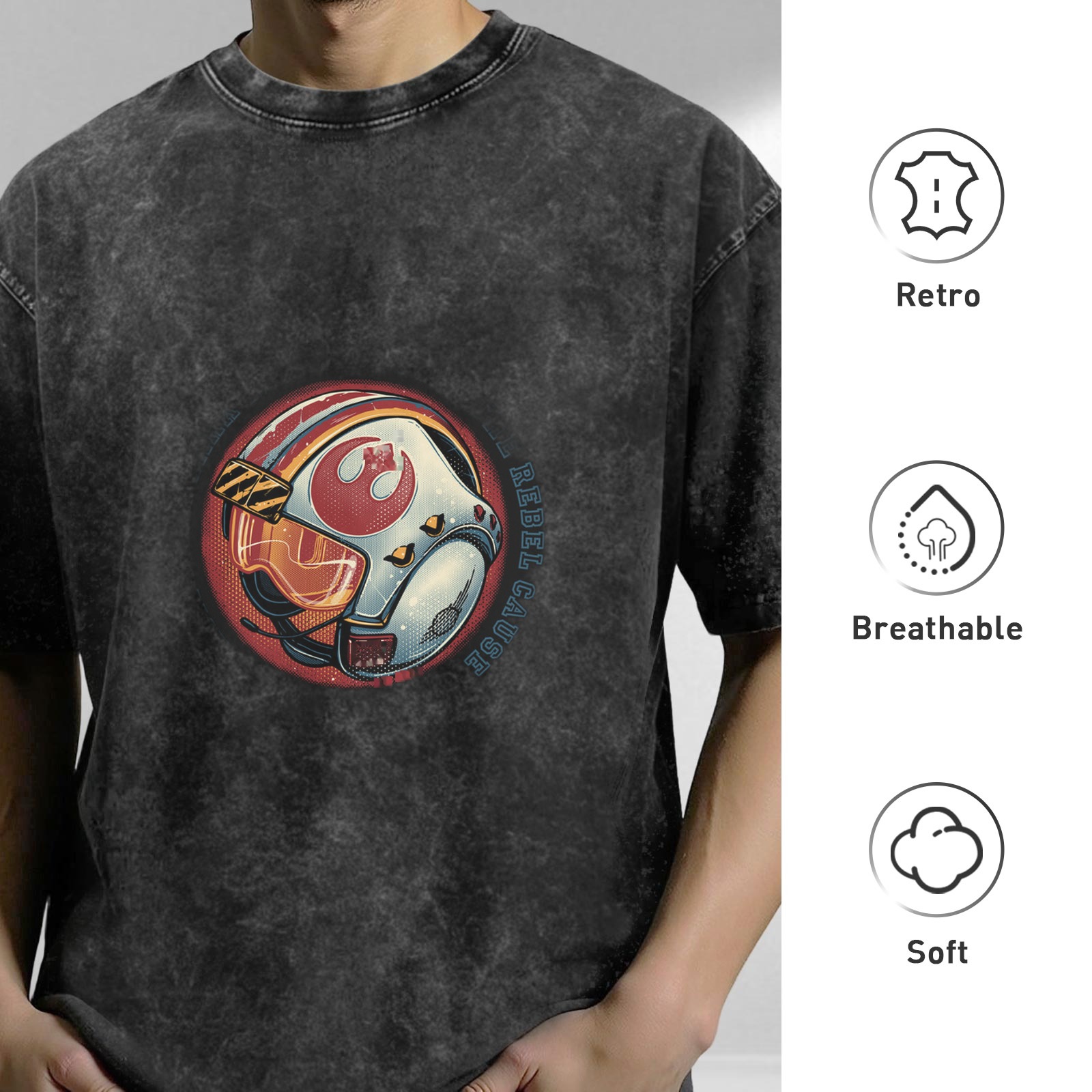 Washed Black T-Shirt With Rebel Pilot Helmet Graphic