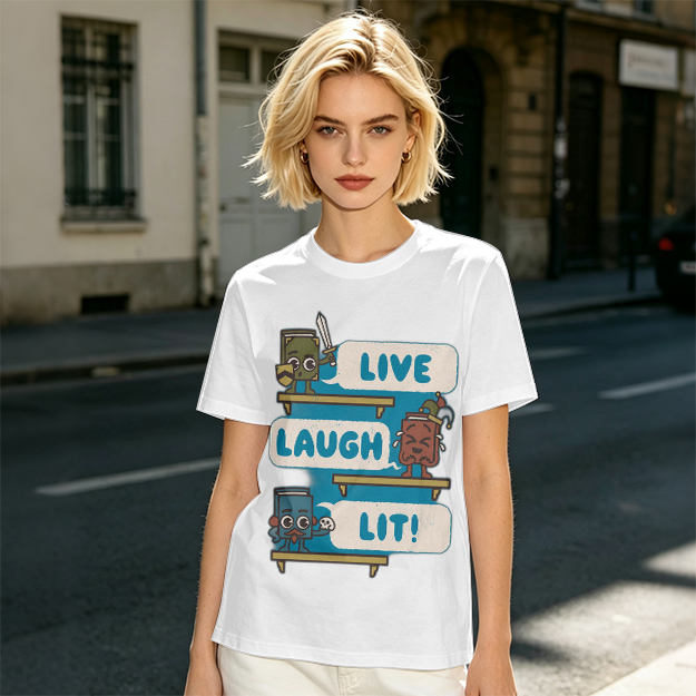 Olive T-Shirt With Cartoon Books 'Live Laugh Lit' Graphic