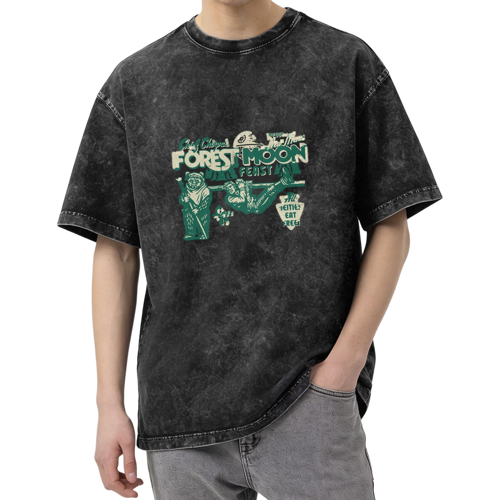 Washed black graphic t-shirt with Forest Moon Feast design