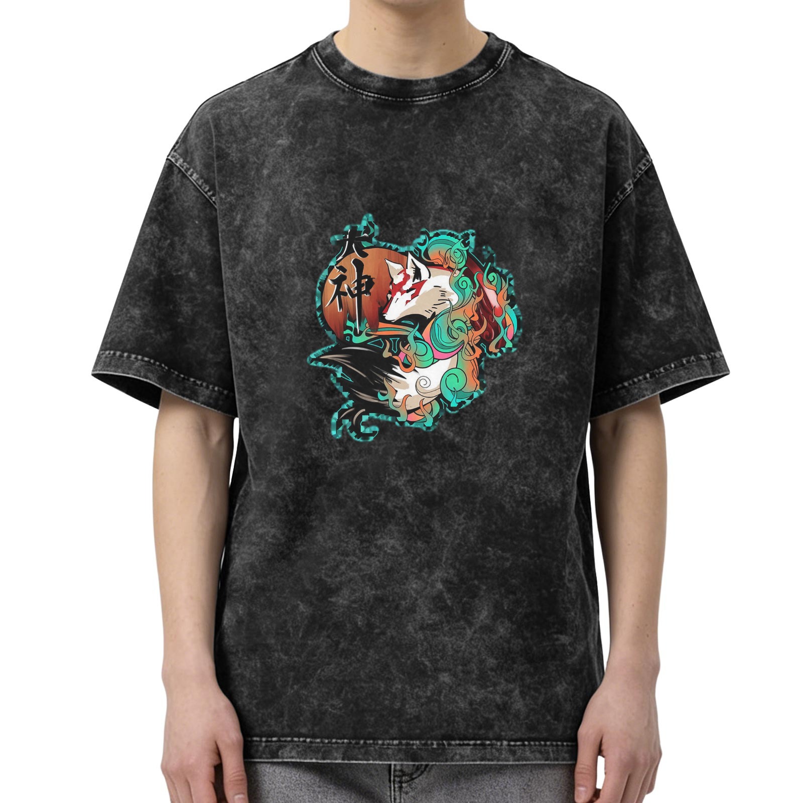 Retro washed black anime style wolf print short sleeve T-shirt