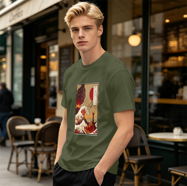 Olive T-Shirt with Ukiyo-e Style Wave and Volcano Print