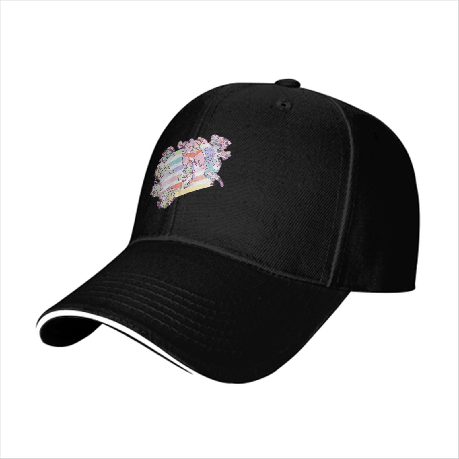 Black Baseball Cap With Pastel Rainbow Anime Character Print