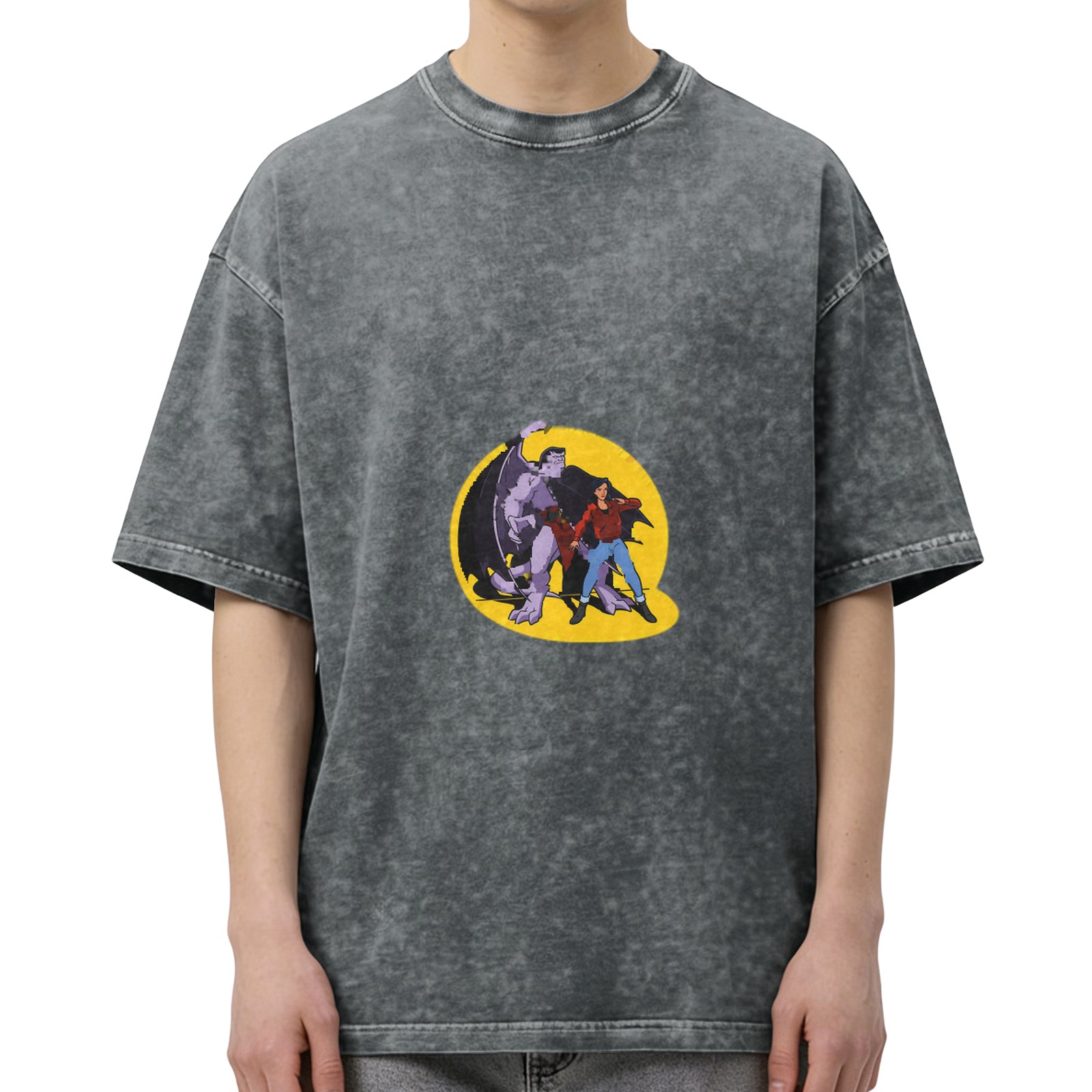 Washed Black T-Shirt with Gargoyles Cartoon Character Graphic