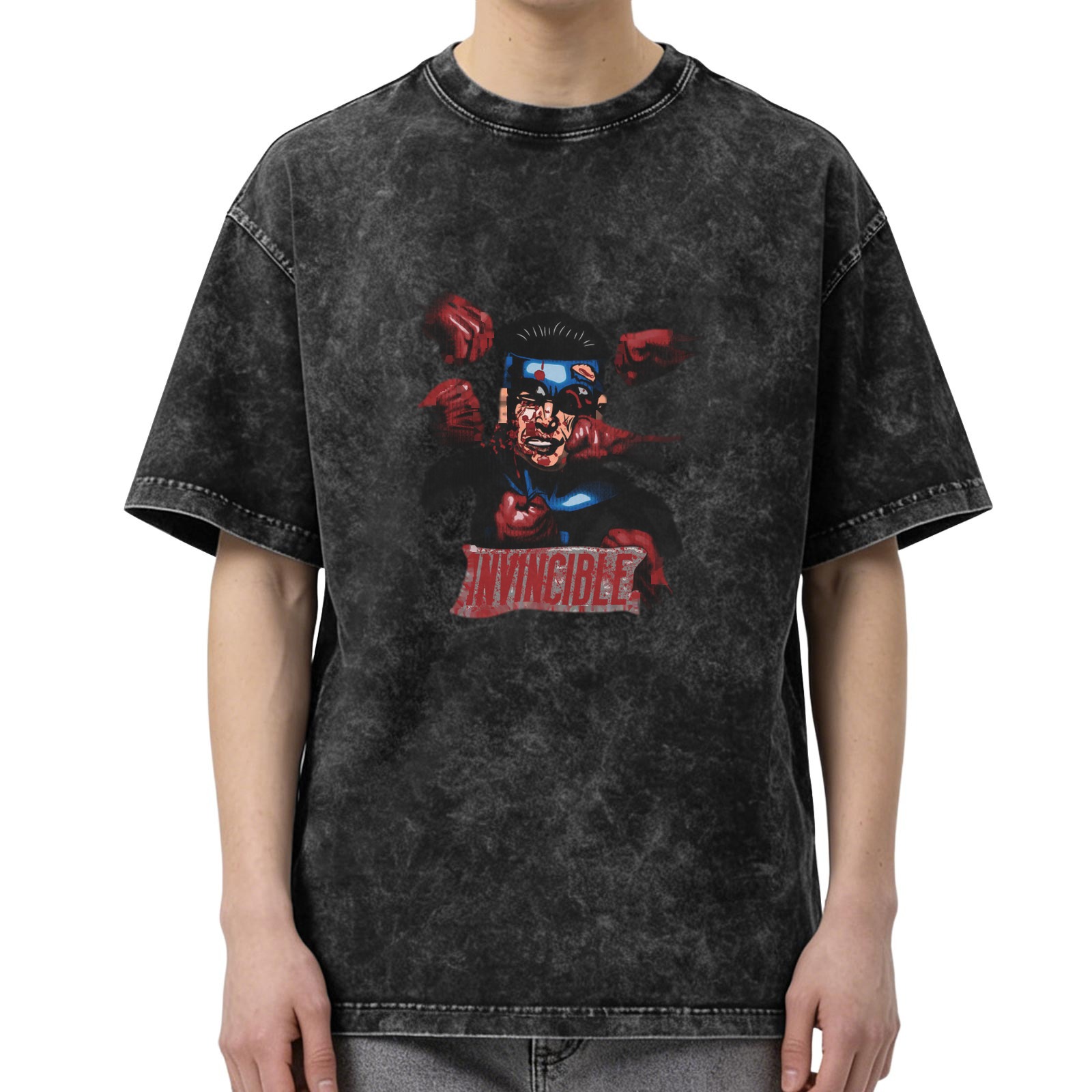 Washed Black T-Shirt With Invincible Superhero Graphic Print