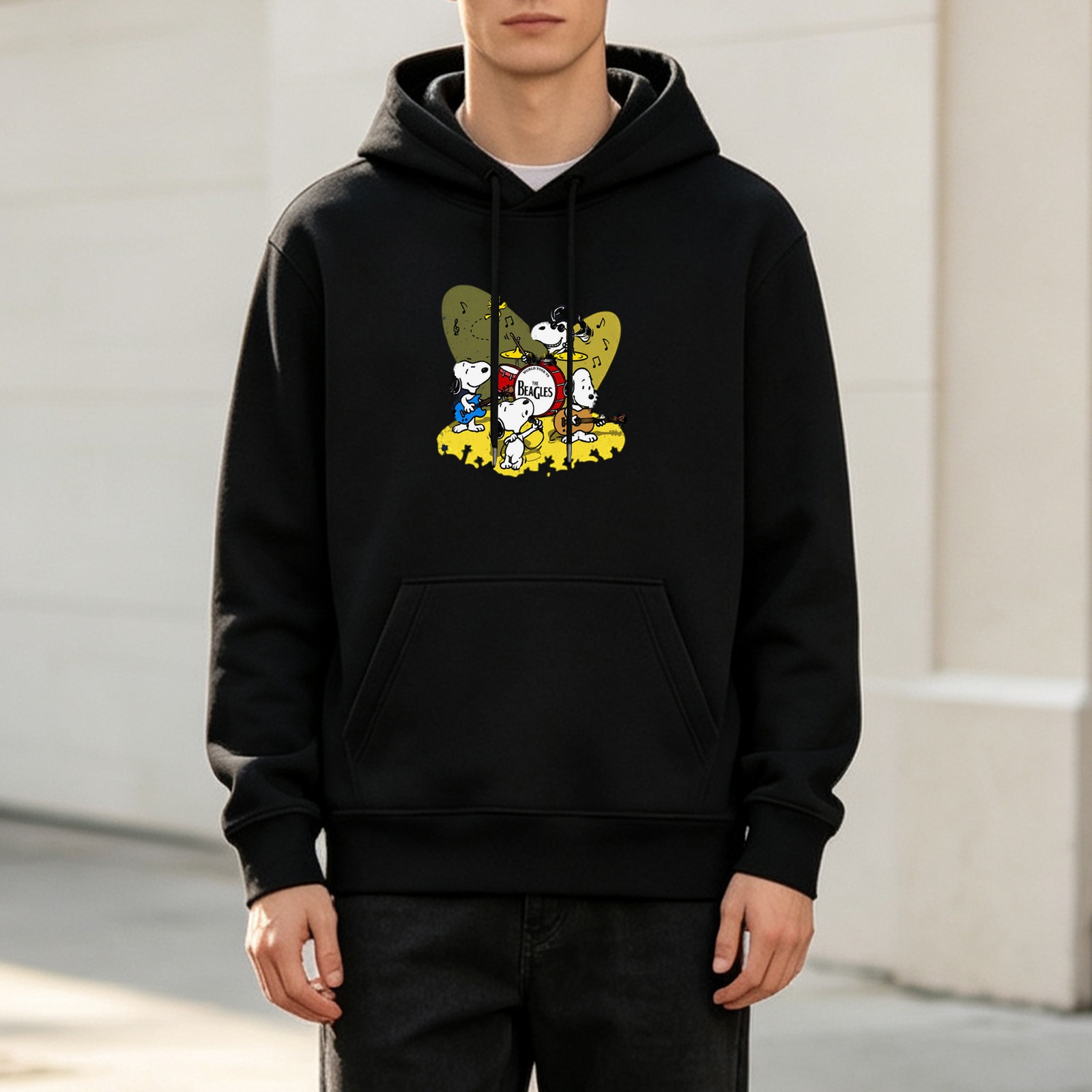 Black hoodie with Snoopy band playing music graphic