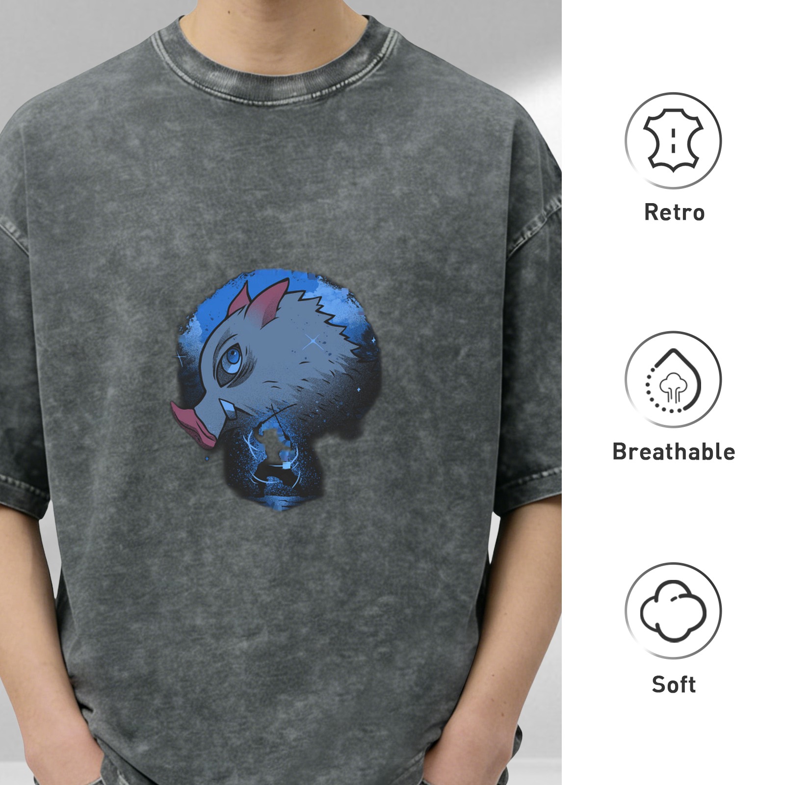 oversized dark washed t-shirt with anime boar head graphic