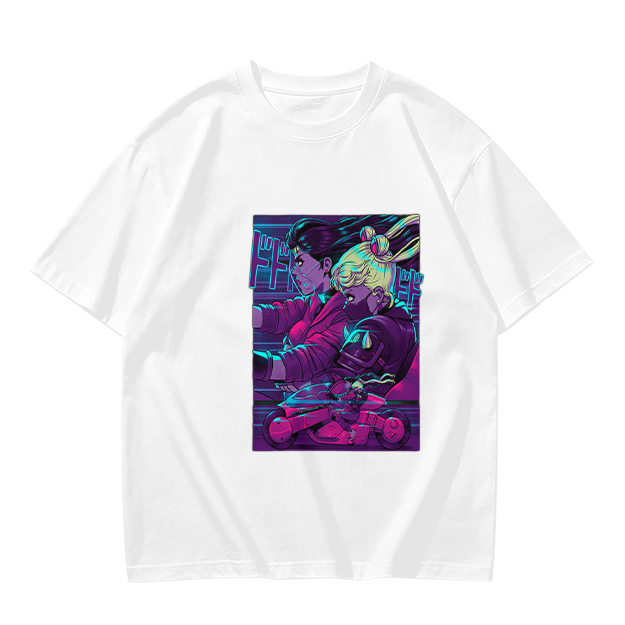 Olive T-shirt with Neon Cyberpunk Anime Character Print
