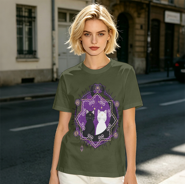Olive T-Shirt With Celestial Black And White Cat Graphic