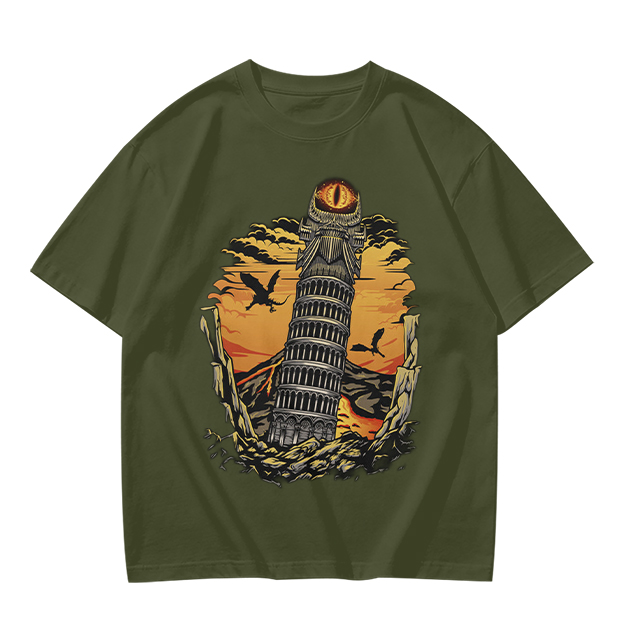 Ominous tower with eye and flying creatures graphic t-shirt