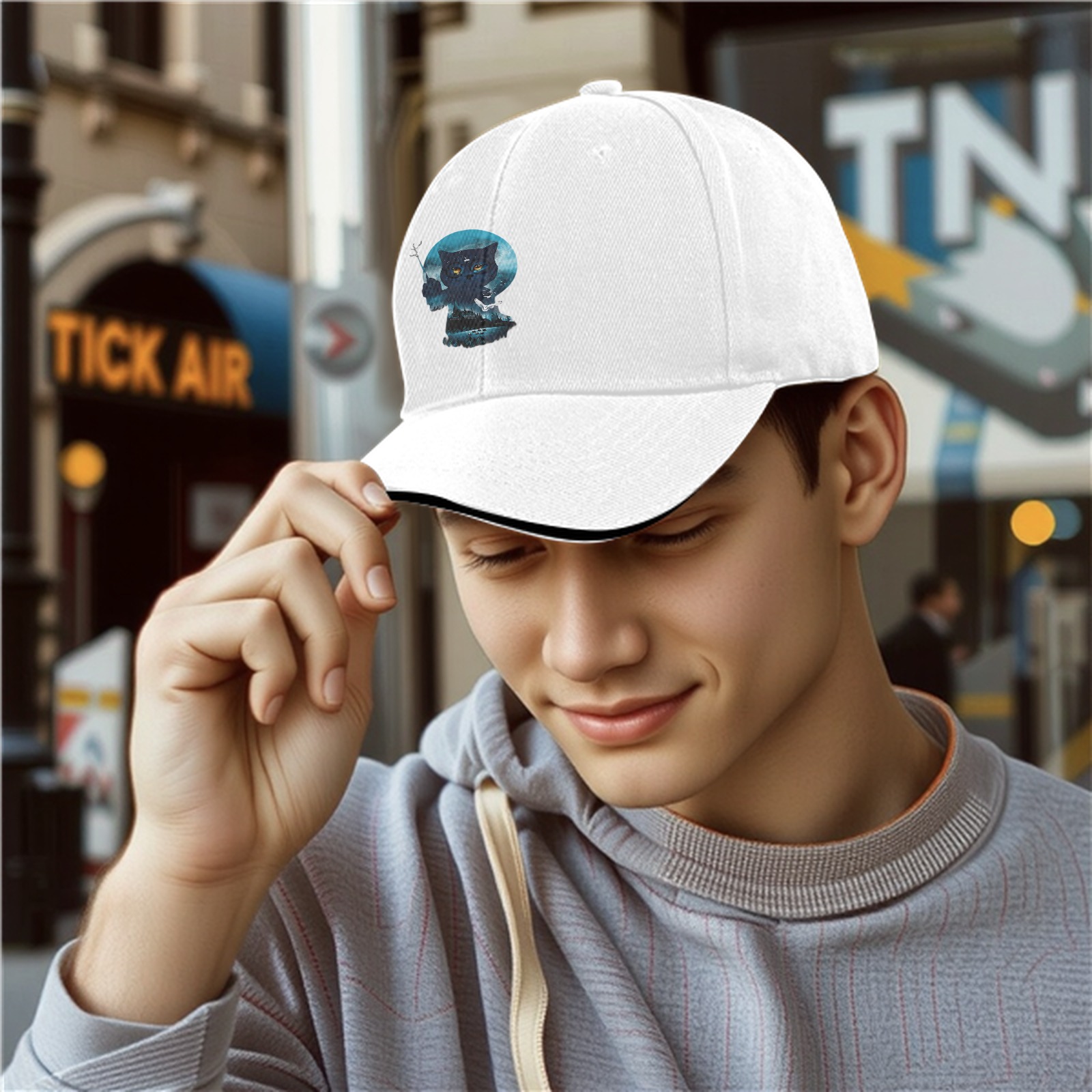 Black Baseball Cap With Mystical Owl Moon Graphic Design
