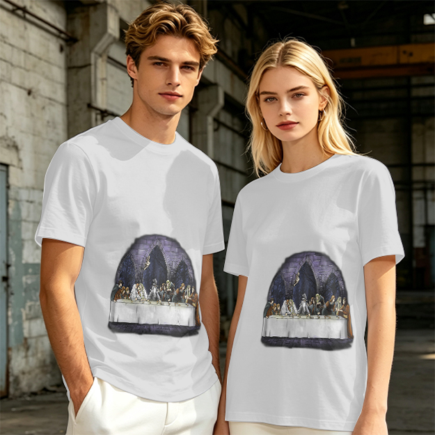 Olive Green T-Shirt with Skeletal Last Supper Graphic Print