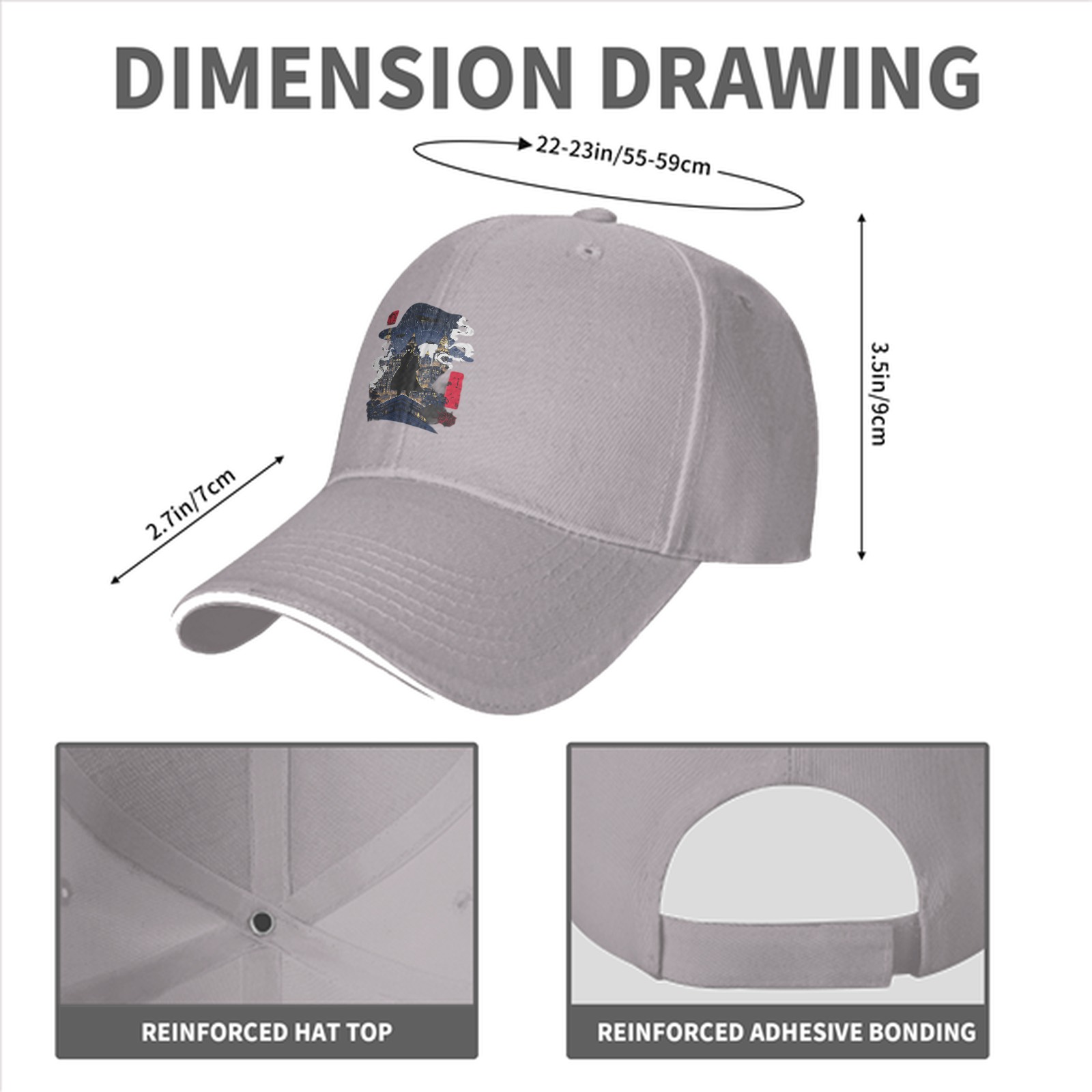 Black baseball cap with fantasy cityscape graphic print