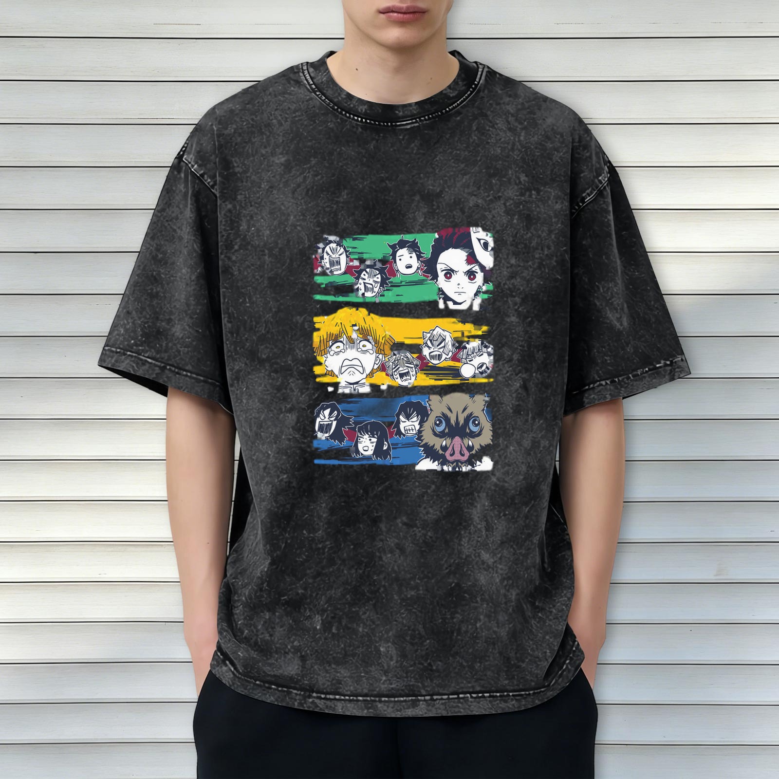 Demon Slayer Anime Character Graphic Oversized Stone Wash T-Shirt