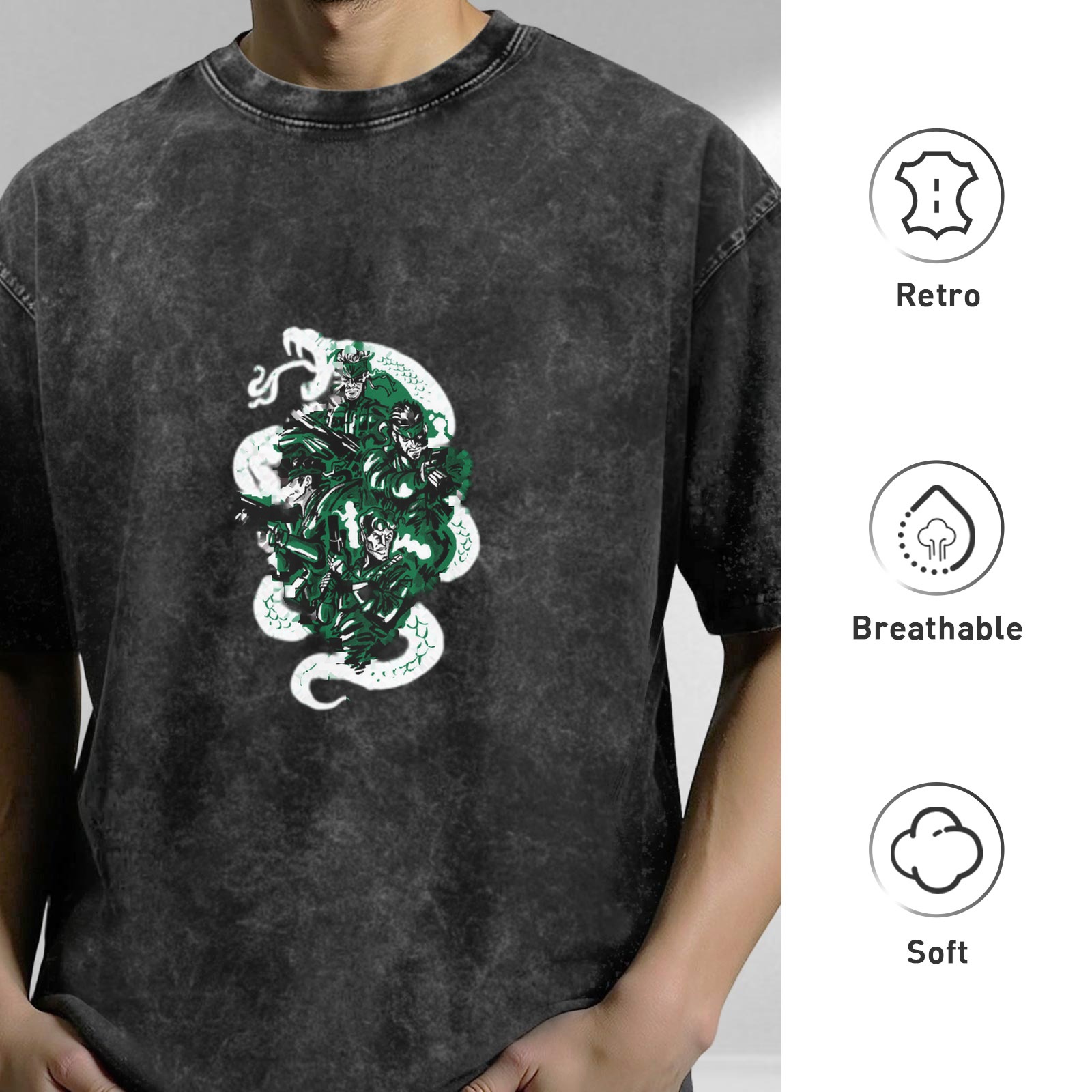 Oversized Acid Wash T-Shirt With Green Anime Character Graphic
