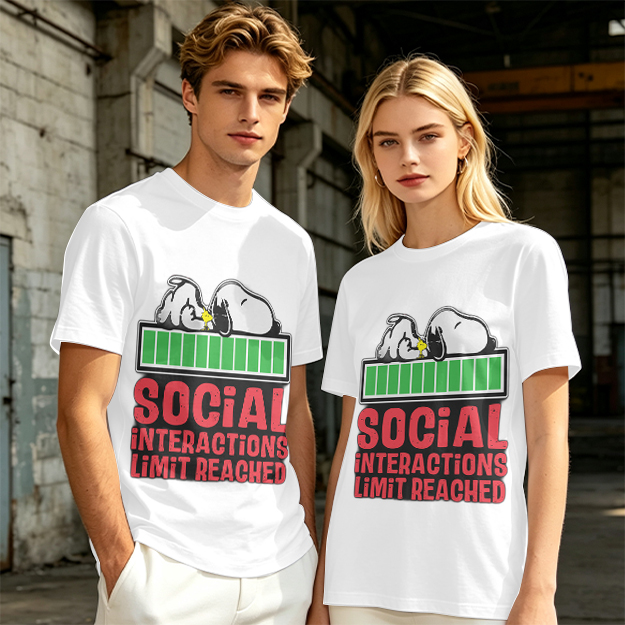 Olive t-shirt with Snoopy 'Social Interactions Limit Reached' print