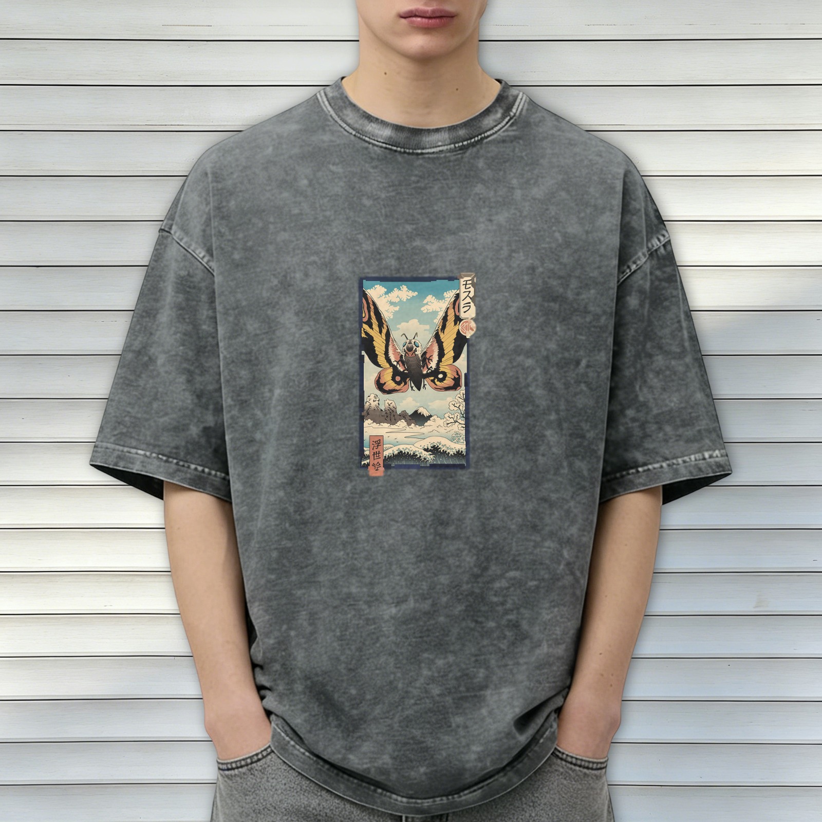 Vintage Washed Black T-Shirt with Japanese Ukiyo-e Style Moth Print