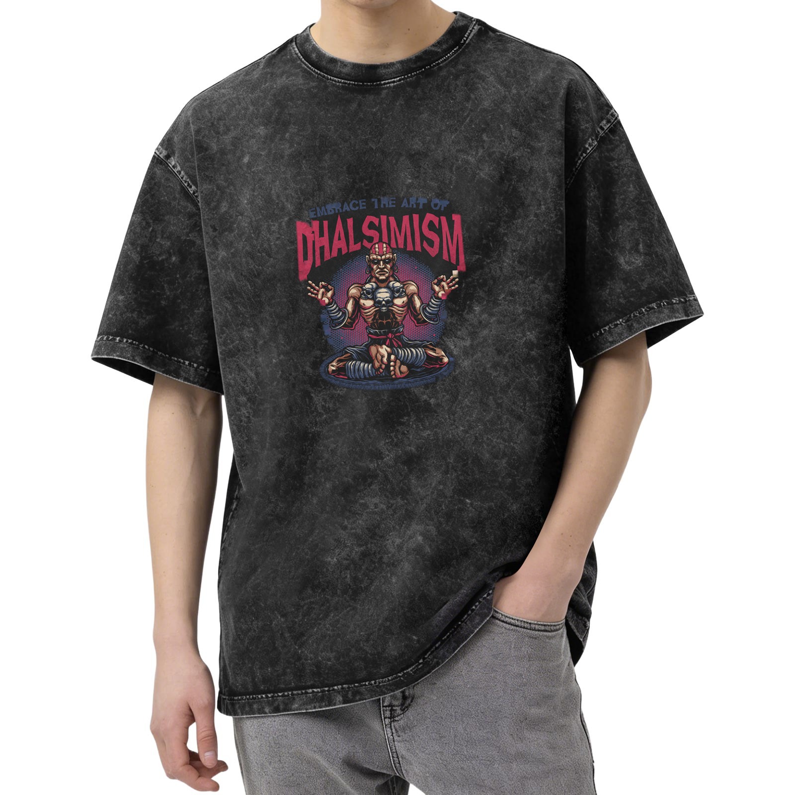 Vintage Dark Wash T-Shirt With Dhalsimism Graphic Design