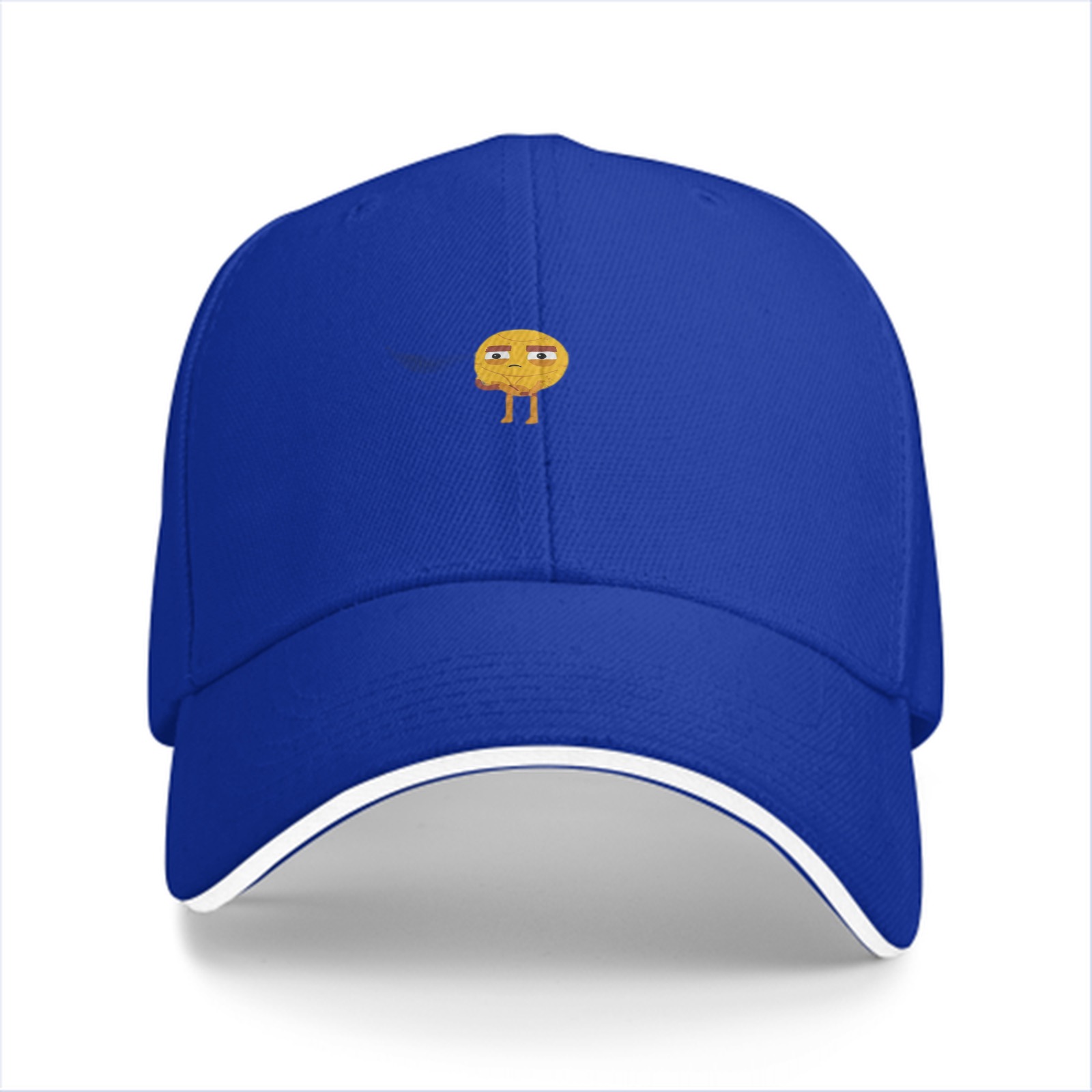 Black baseball cap with unimpressed standing emoji graphic