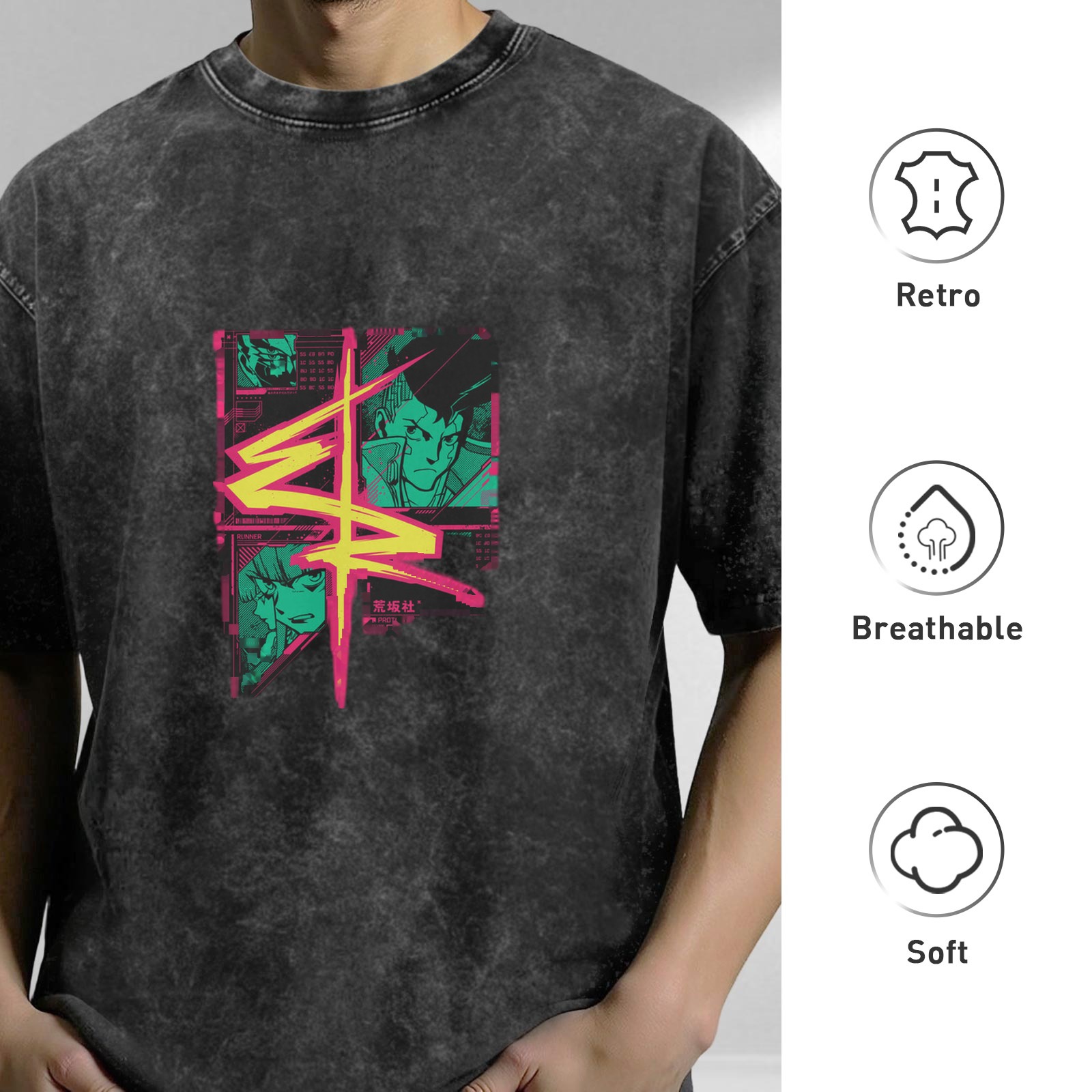 Cyberpunk Anime Graphic Acid Wash Oversized T-Shirt