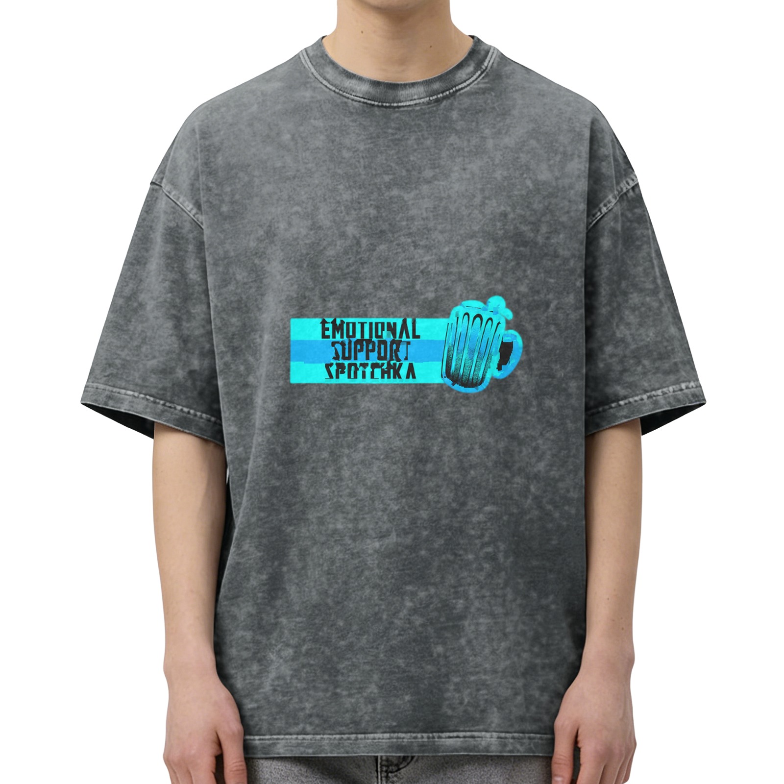 Oversized Acid Wash T-Shirt With Emotional Support Spotchka Beer Mug Print