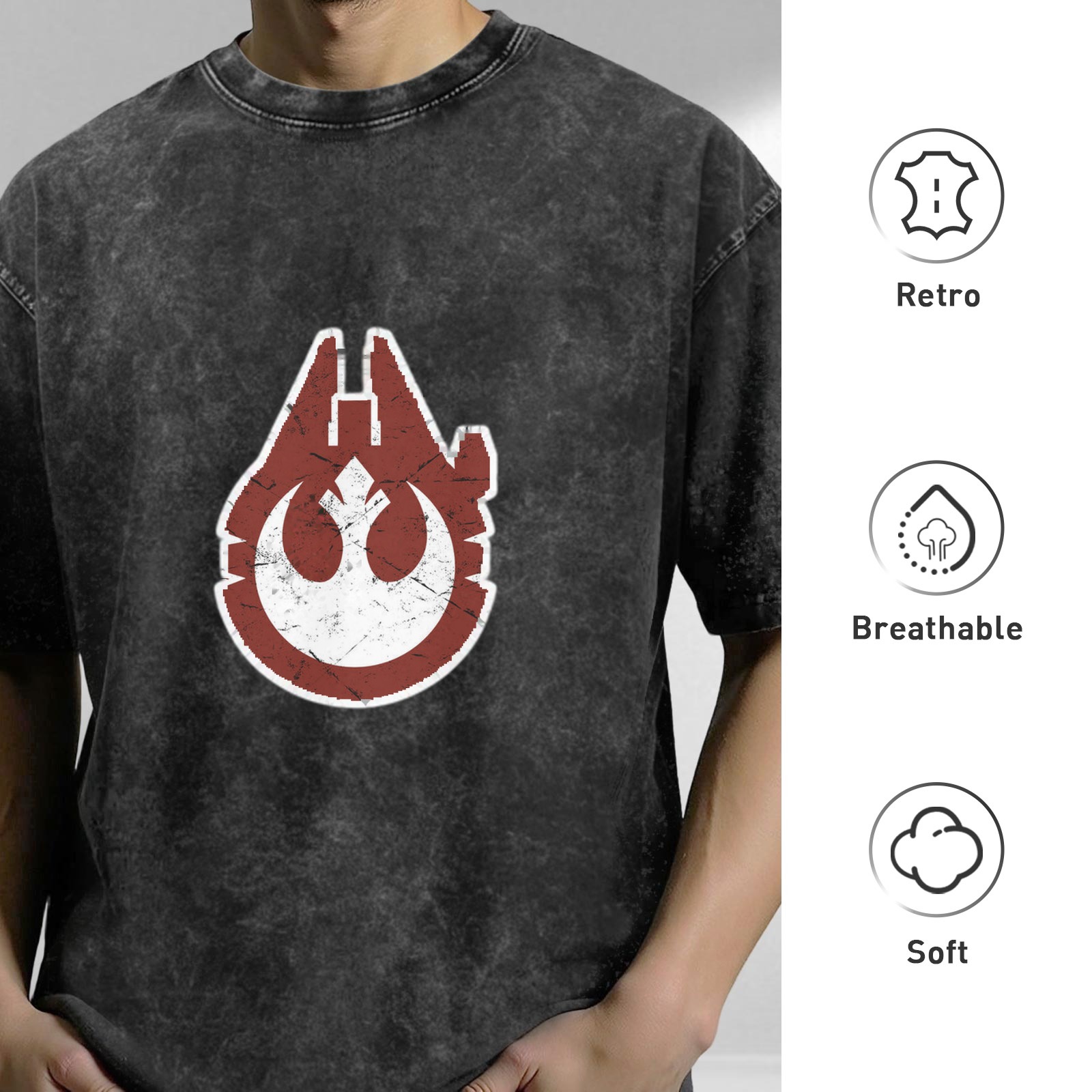 Star Wars Rebel Millennium Falcon Distressed Black Acid Wash T-Shirt