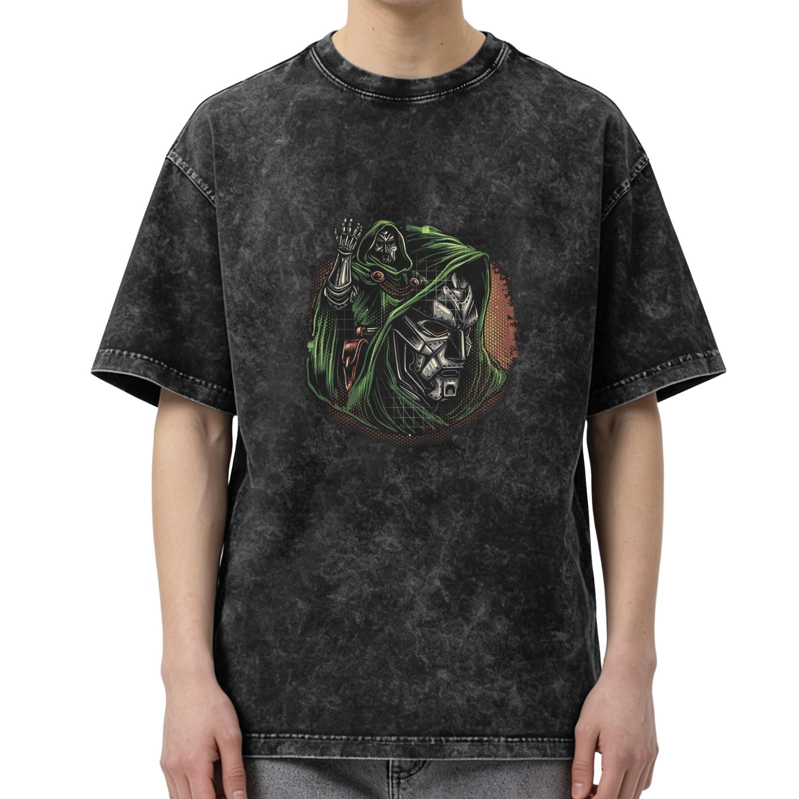 Oversized Acid Wash T-Shirt With Doom Villain Graphic