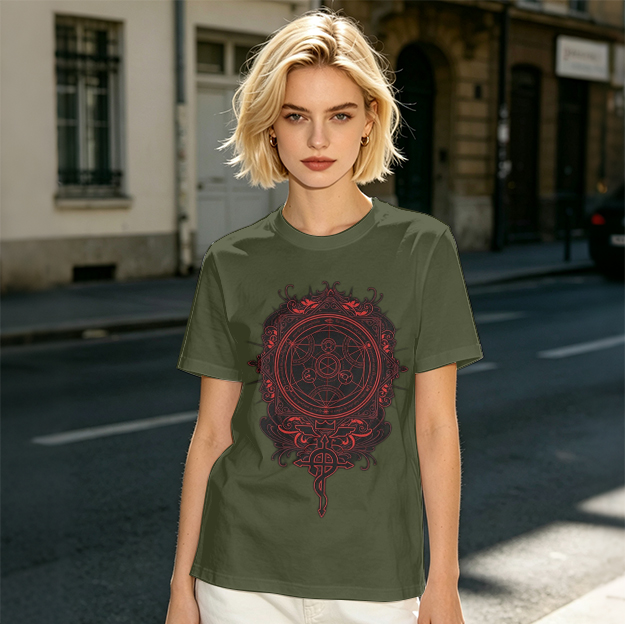 Olive T-Shirt With Red Occult Magic Circle Graphic
