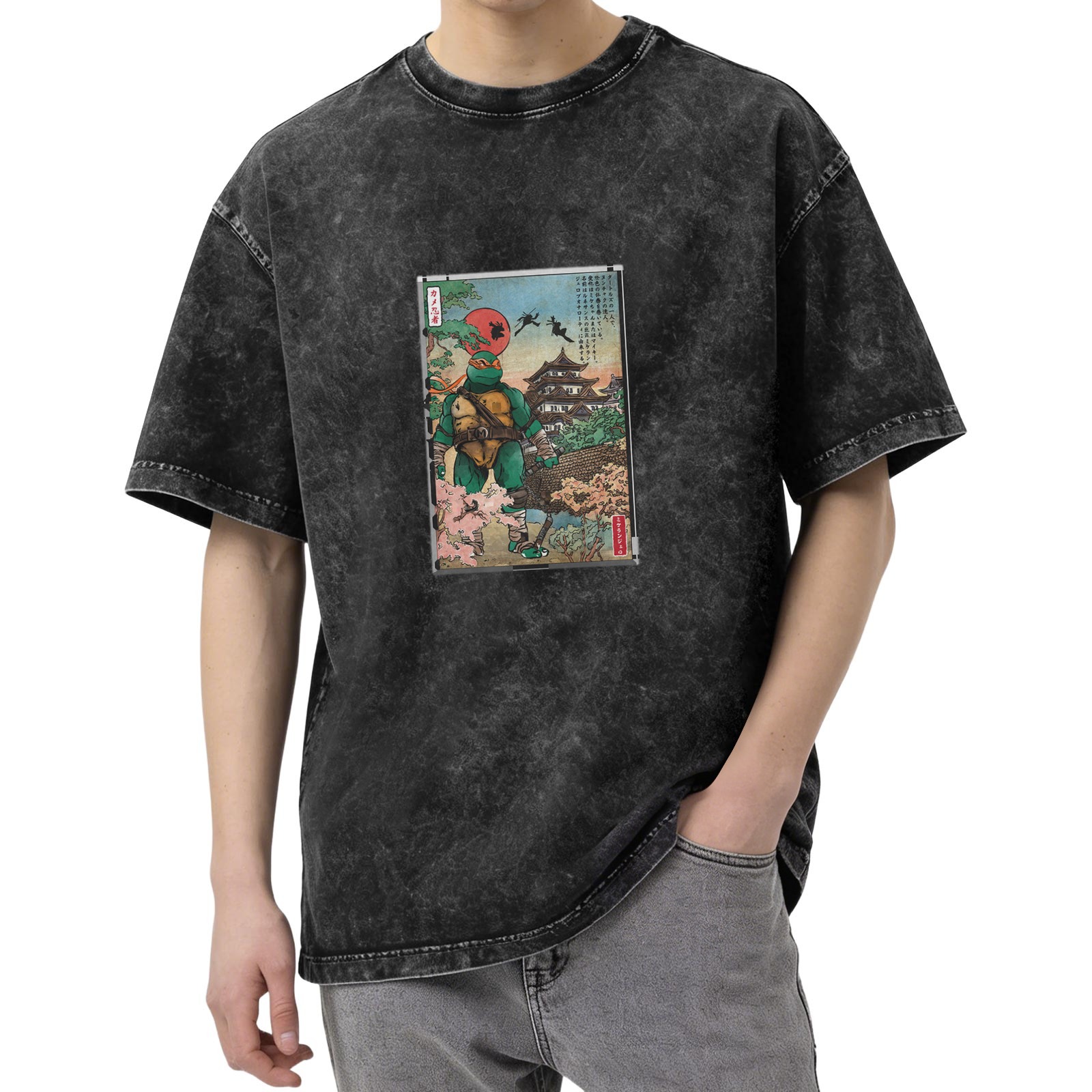 Washed black t-shirt with ninja turtle ukiyo-e style graphic