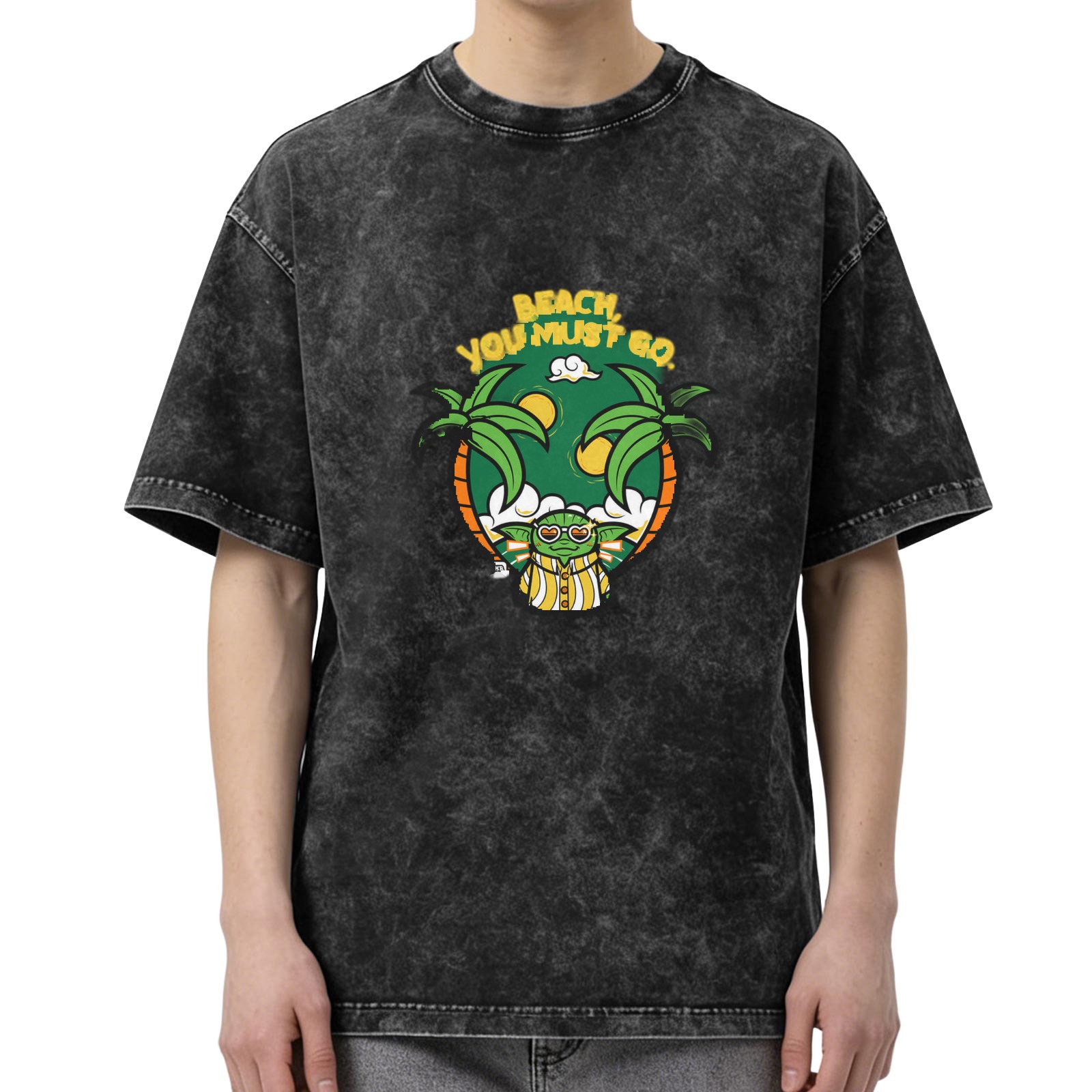 Washed black graphic t-shirt with beach Yoda 'Beach You Must Go' print