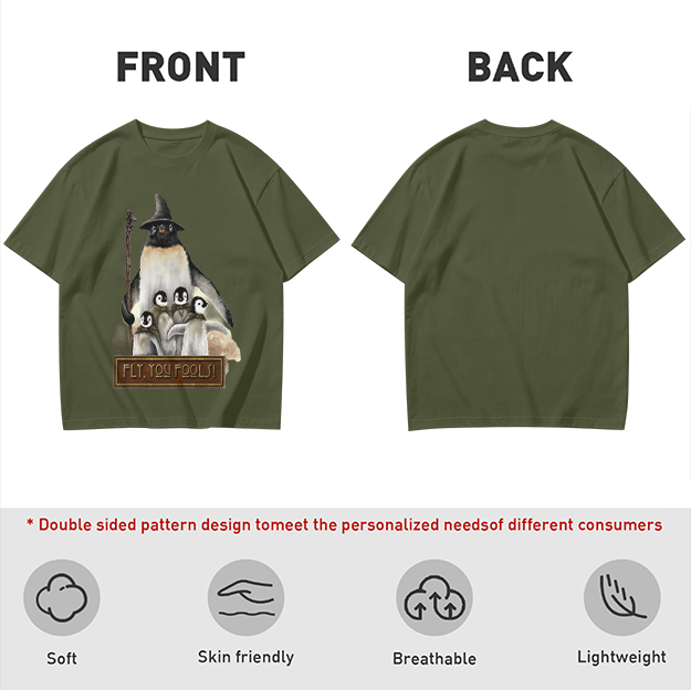 Olive T-Shirt with Wizard Penguin and 'Fly You Fools' Print