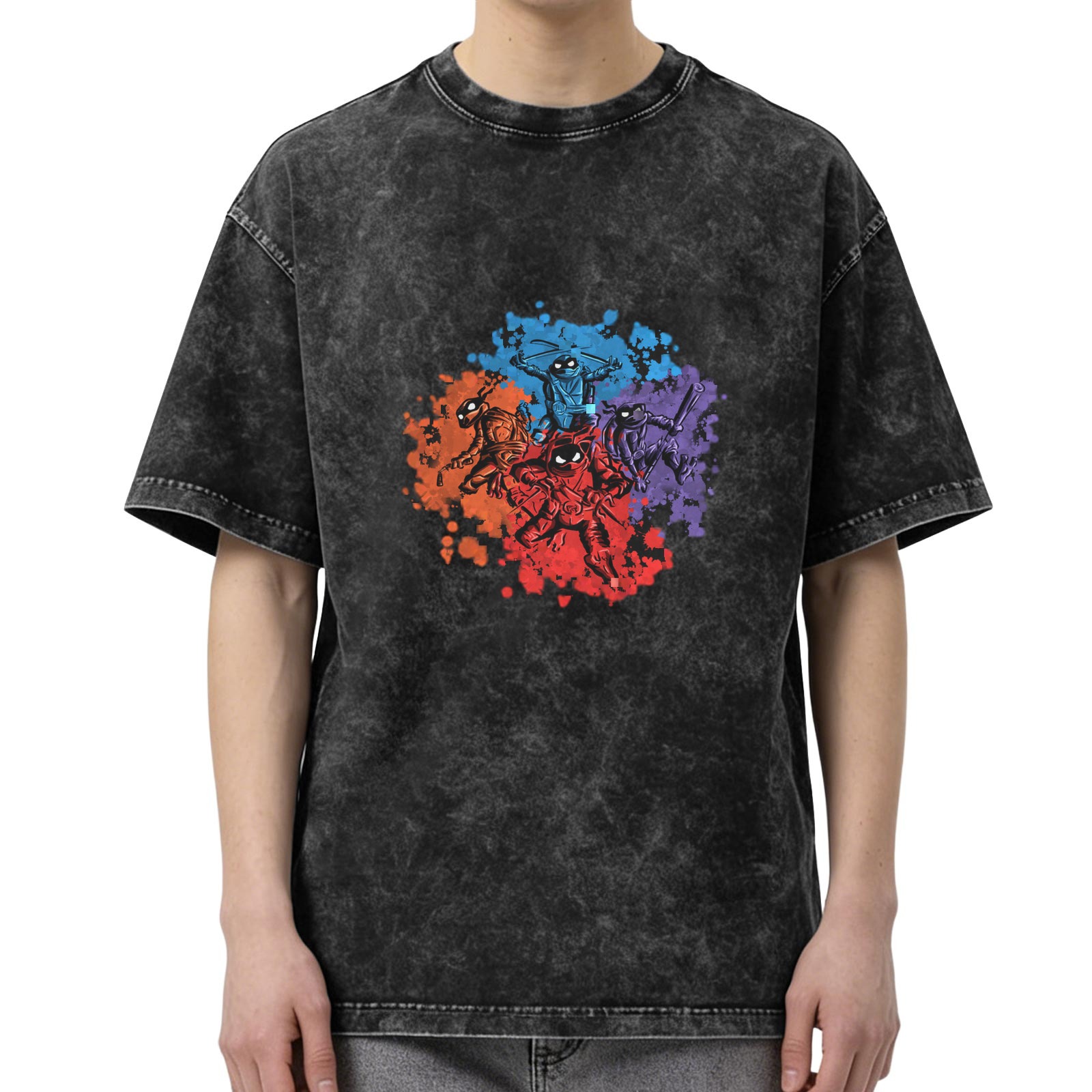 Washed Black T-Shirt With Ninja Turtle Splatter Graphic