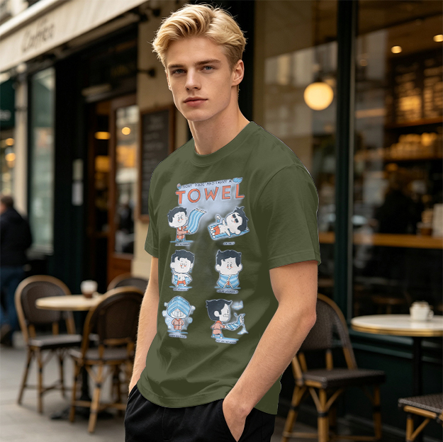 Olive T-Shirt With Cartoon Towel Themed Graphic Print
