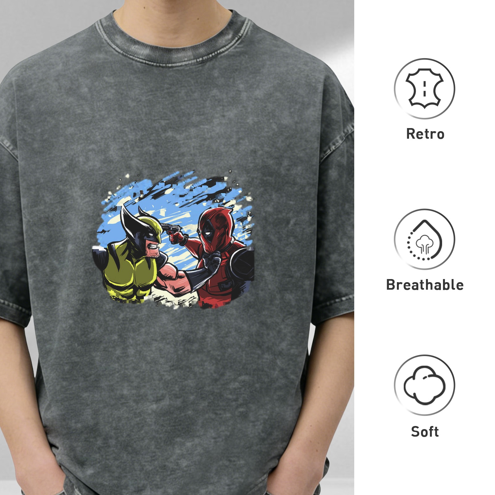 Wolverine and Deadpool Graphic Print Dark Wash T-Shirt
