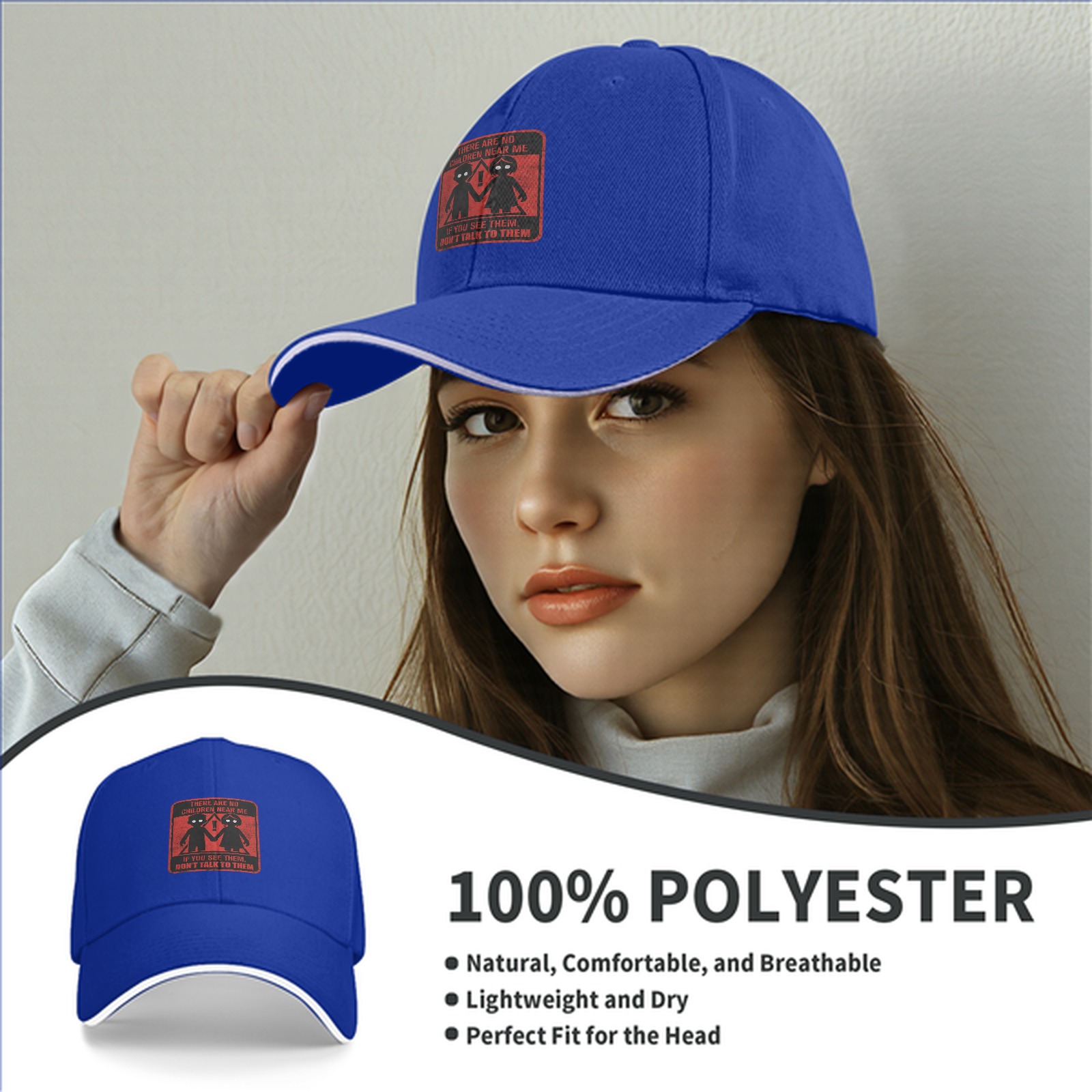 Black baseball cap with warning children graphic and text