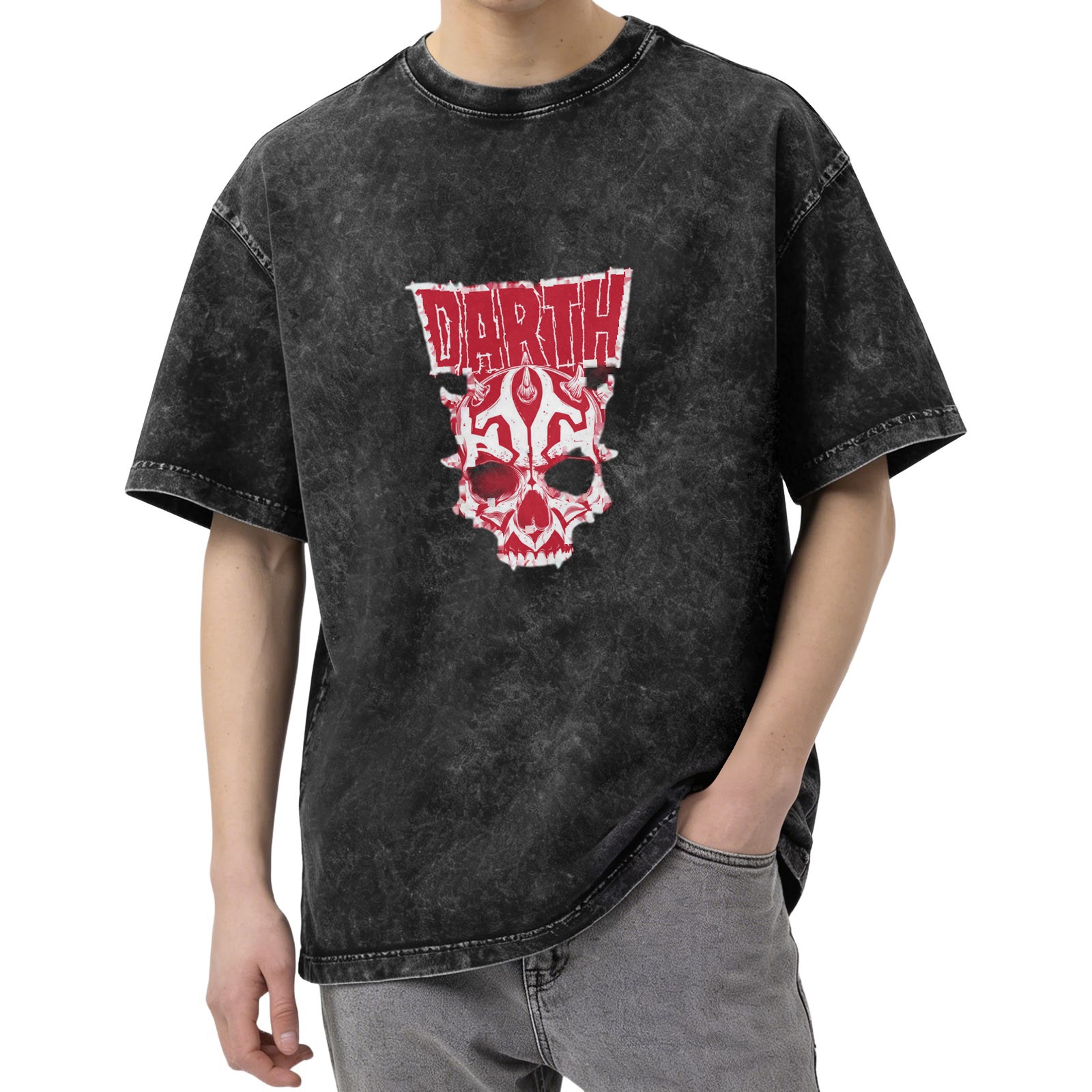 Darth Maul Skull Graphic Black Acid Wash T-Shirt